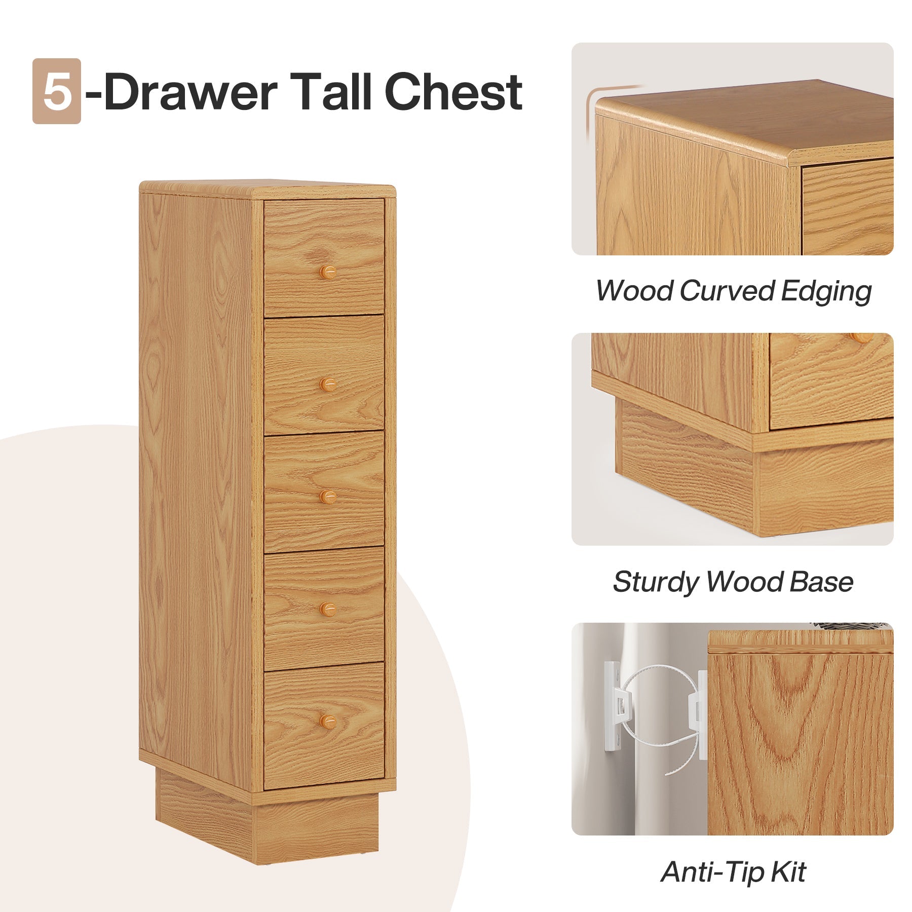 5-Drawer Chest, Wood Narrow Dresser Storage Chest of Drawers Tribesigns