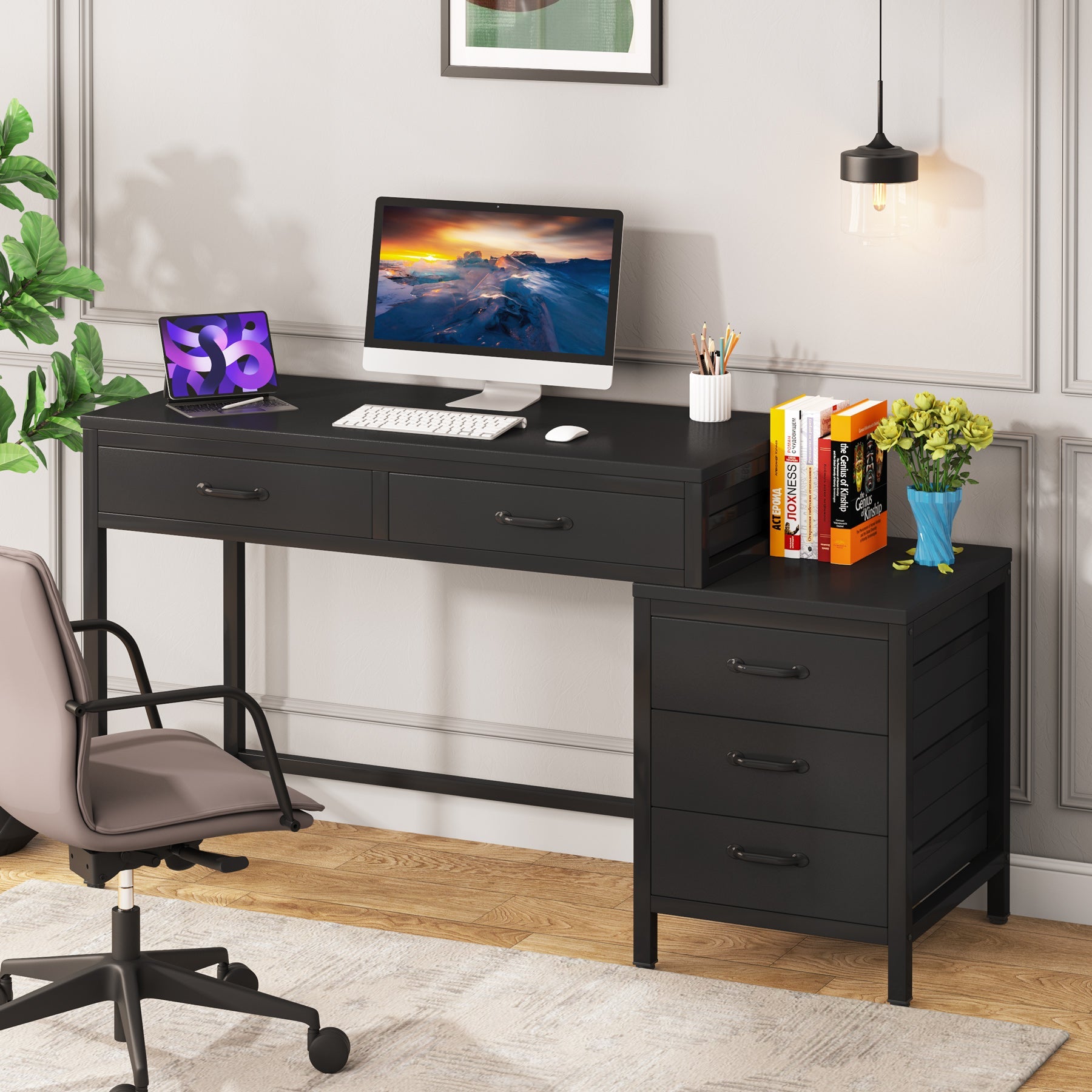 5 - Drawer Computer Desk, Study Writing Table with Reversible Drawer Cabinet Tribesigns