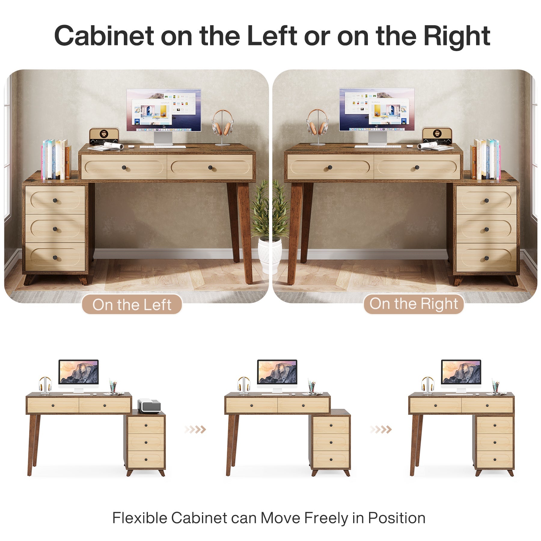 5 Drawers Computer Desk, 51" Study Writing Table with Reversible Drawer Cabinet Tribesigns