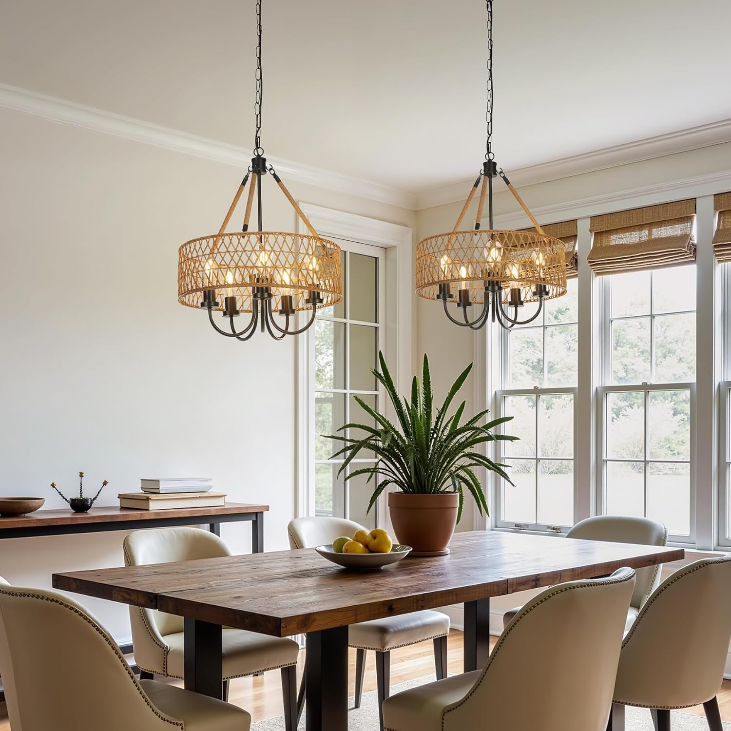 5 - Light Chandelier, Rattan Boho Pendant Lighting Hand - Woven Light Fixture Tribesigns