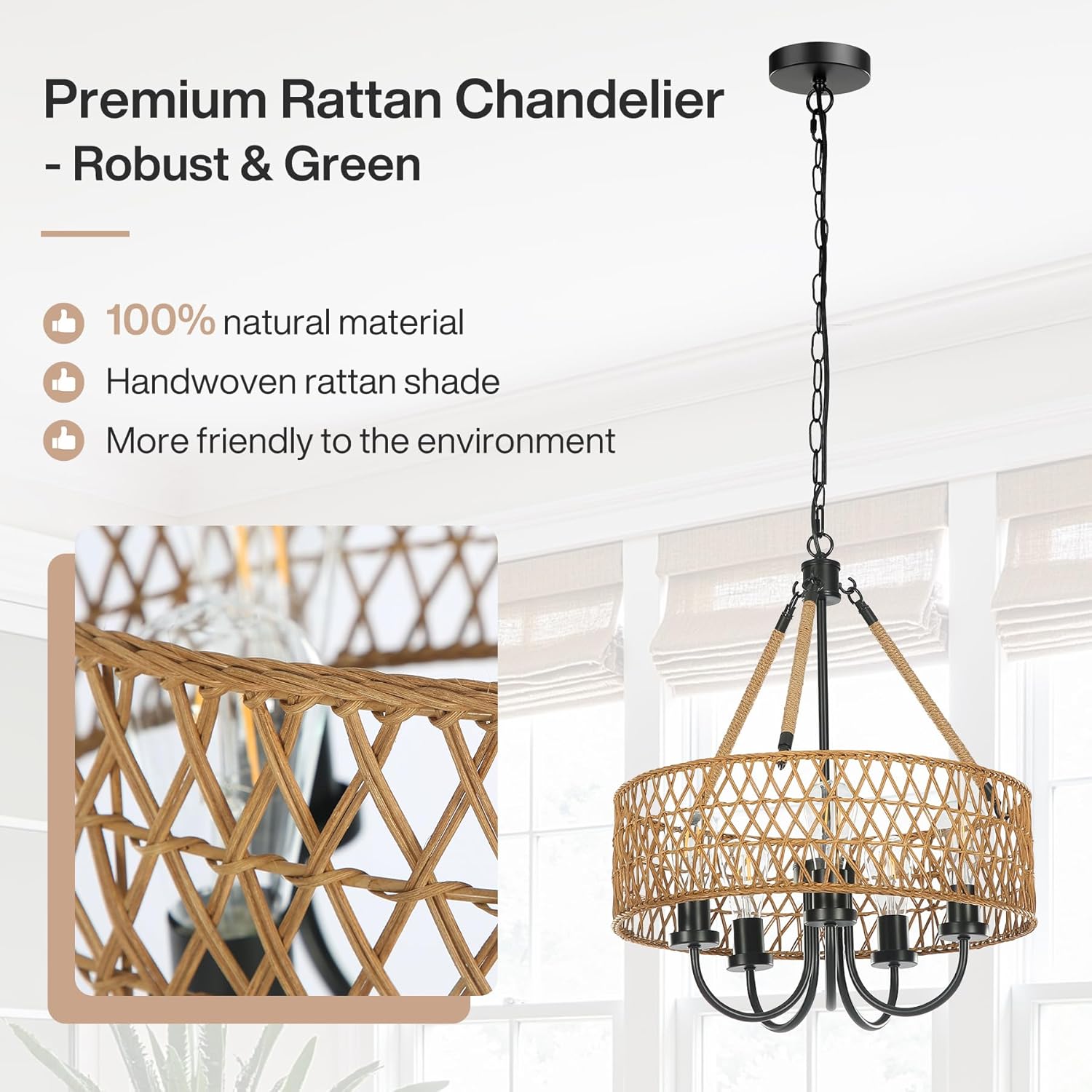 5 - Light Chandelier, Rattan Boho Pendant Lighting Hand - Woven Light Fixture Tribesigns
