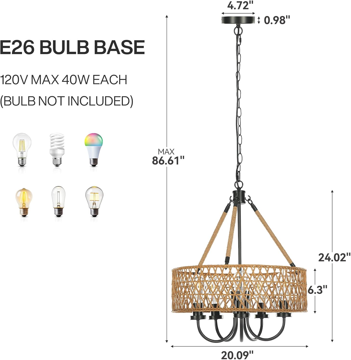 5 - Light Chandelier, Rattan Boho Pendant Lighting Hand - Woven Light Fixture Tribesigns