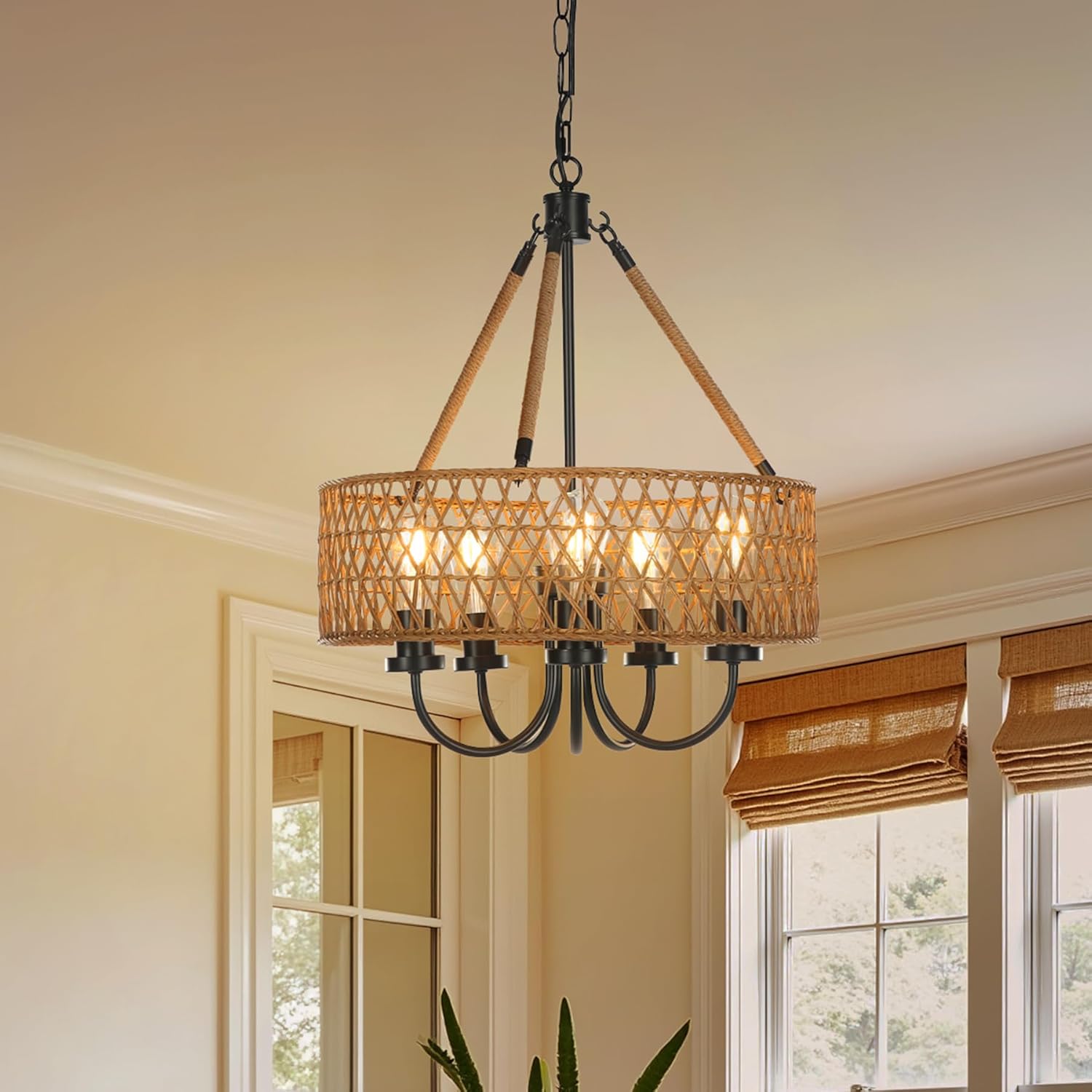 5 - Light Chandelier, Rattan Boho Pendant Lighting Hand - Woven Light Fixture Tribesigns