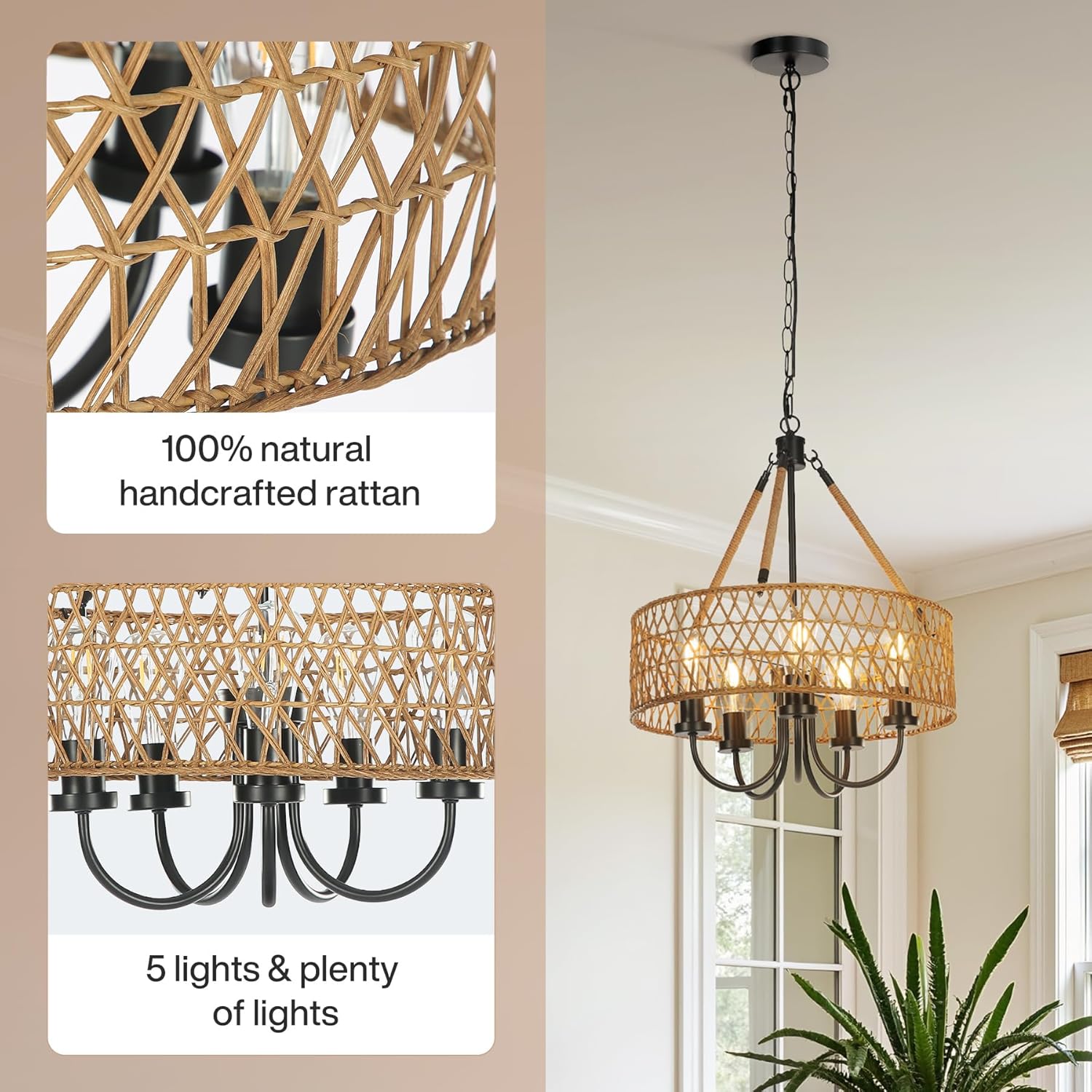 5 - Light Chandelier, Rattan Boho Pendant Lighting Hand - Woven Light Fixture Tribesigns