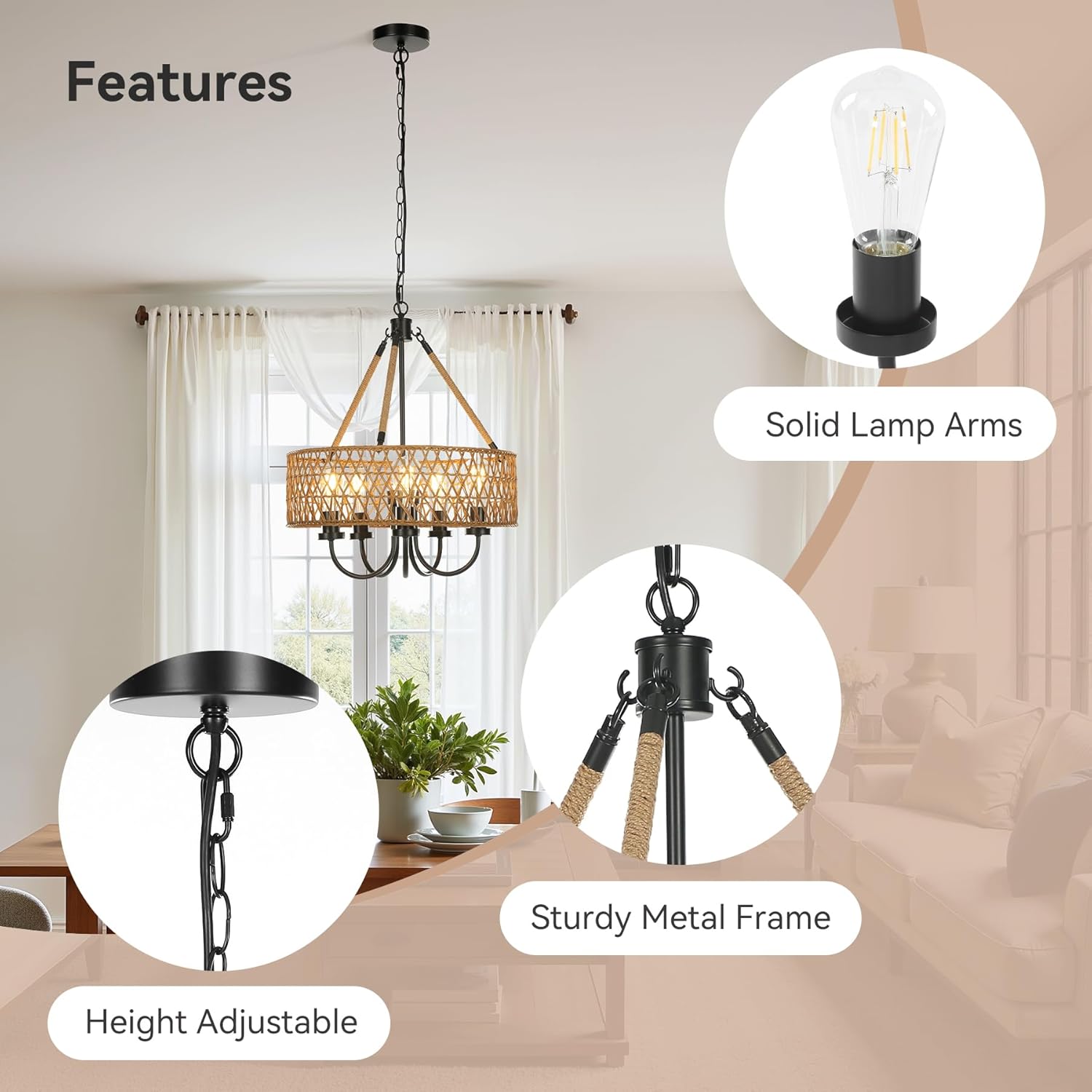 5 - Light Chandelier, Rattan Boho Pendant Lighting Hand - Woven Light Fixture Tribesigns