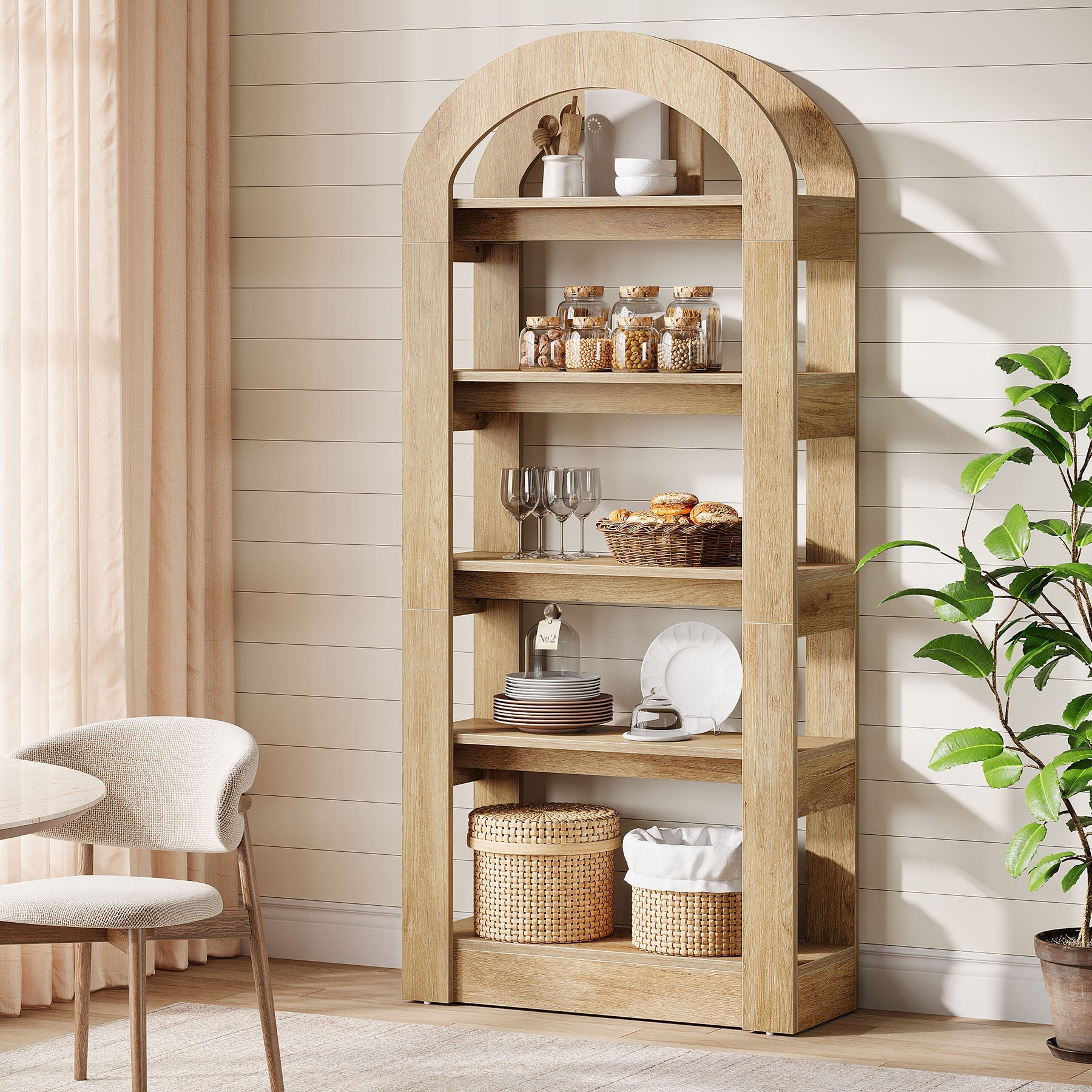5 - Tier Bookshelf, Wooden Bookcase Display Shelf with Arch - Shape Tribesigns