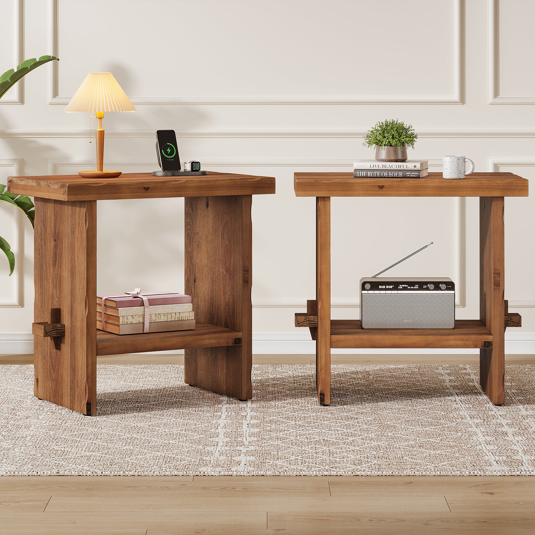 23.62-Inch Solid Wood Nightstand with Storage, Farmhouse Bedside Table with Wooden Base for Bedroom