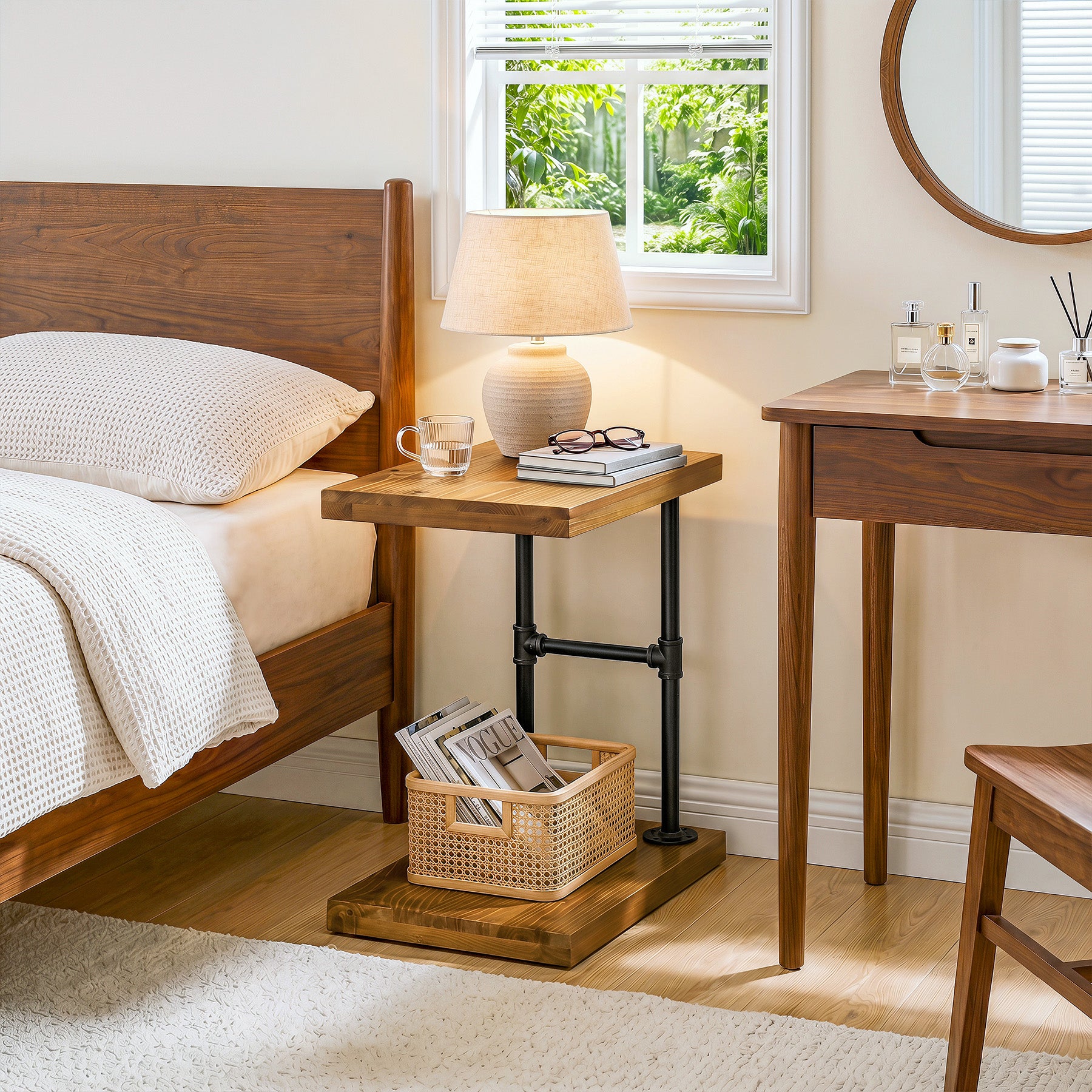 Tribesigns Narrow Solid Wood Nightstand, C-Shaped Bedside Table for Bedroom