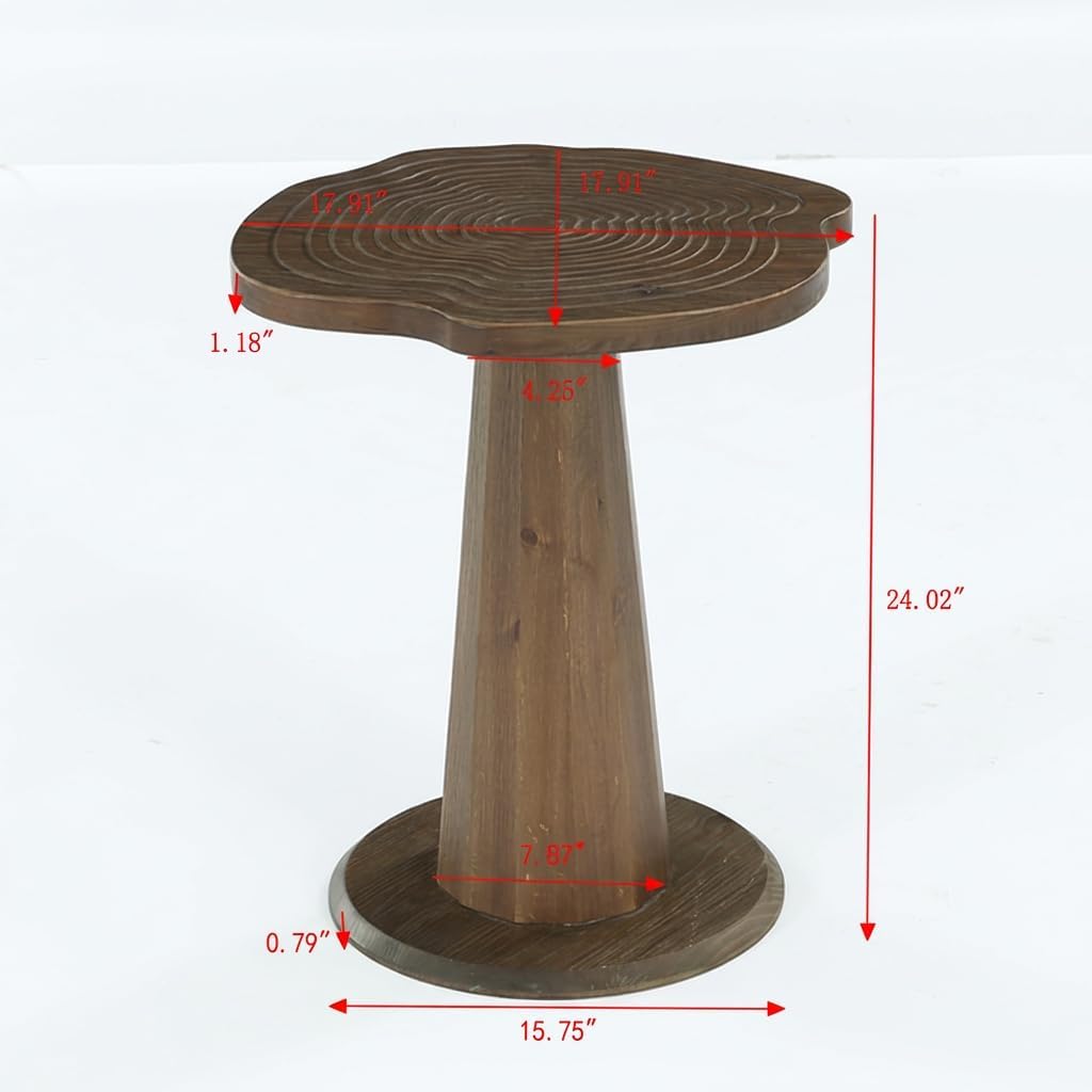 20.8" End Table, Solid Wood Round Pedestal Side Table with Tree-Ring Patterns