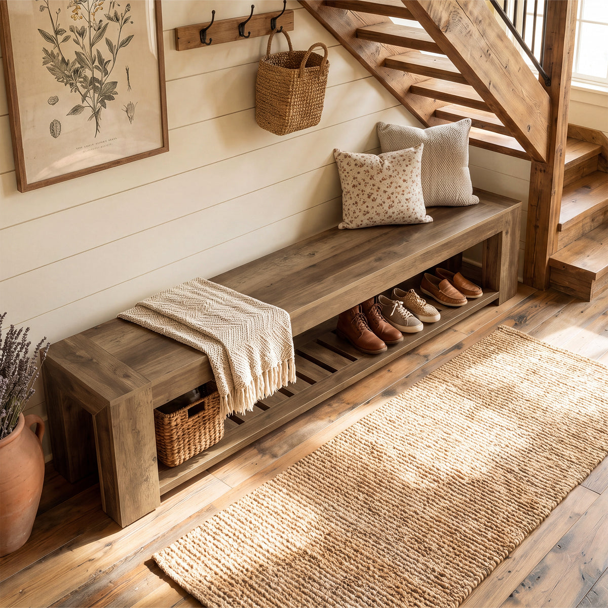 70.87" Entryway Bench, 2-Tier Storage Shoe Bench with Lower Open Shelf for 3-4 People