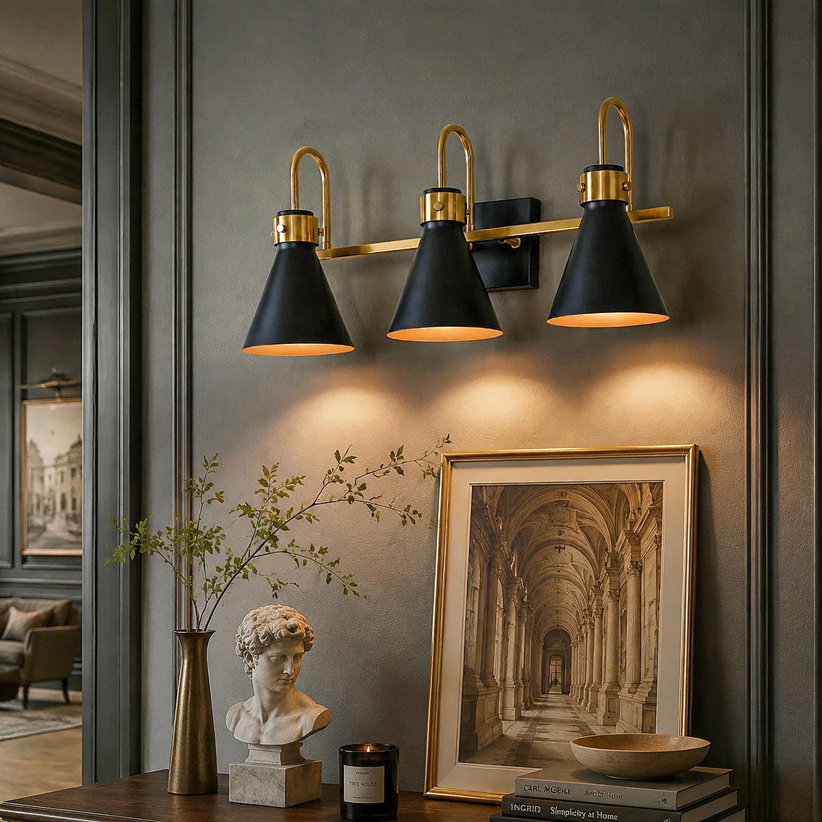 Tribesigns 3-Light Bathroom Vanity Light Black Gold Wall Sconce E12 Base