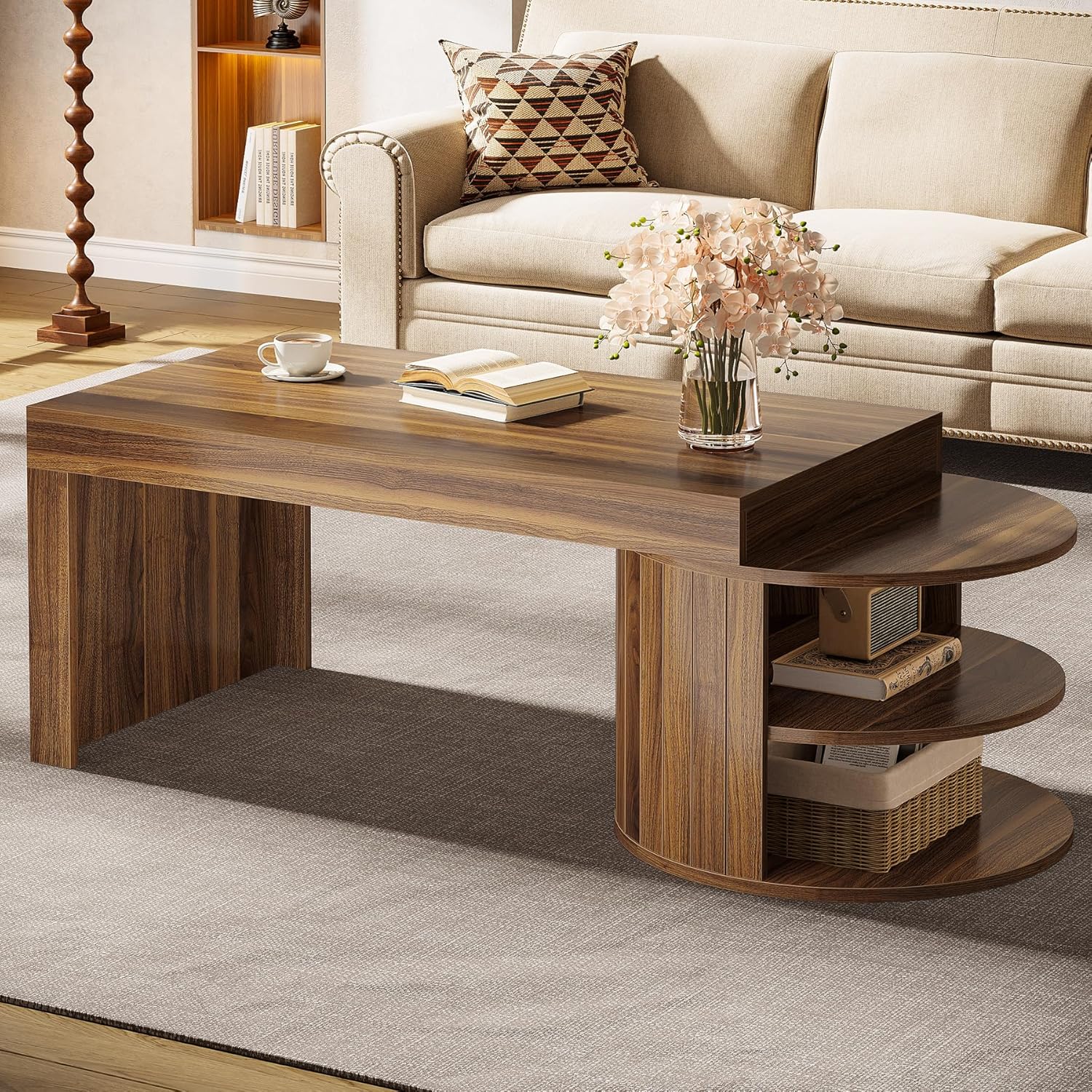 51" Coffee Table, Rectangular Center Table with Storage Shelves Tribesigns