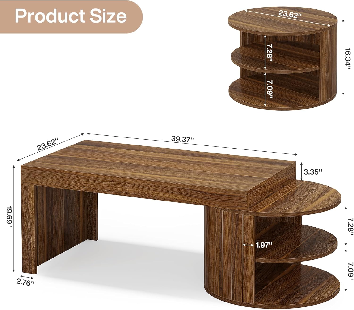 51" Coffee Table, Rectangular Center Table with Storage Shelves Tribesigns