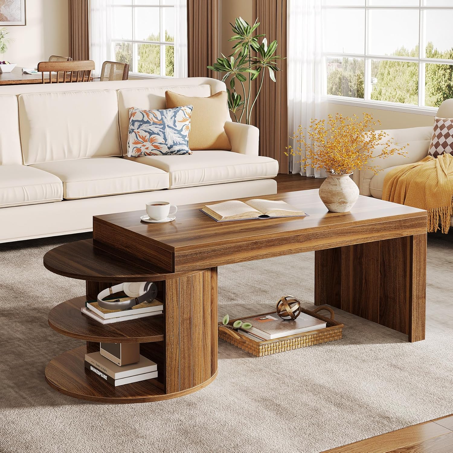 51" Coffee Table, Rectangular Center Table with Storage Shelves Tribesigns