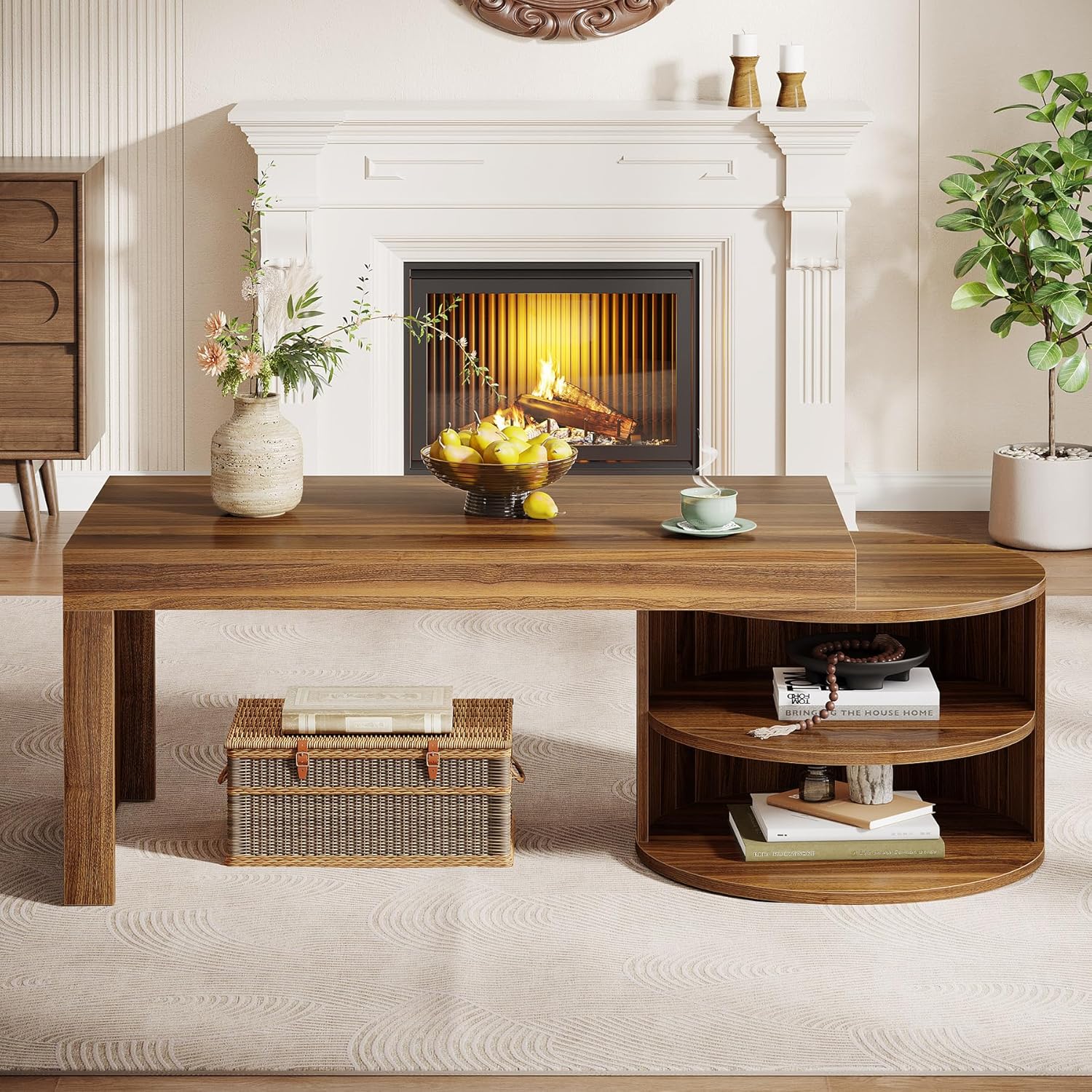 51" Coffee Table, Rectangular Center Table with Storage Shelves Tribesigns