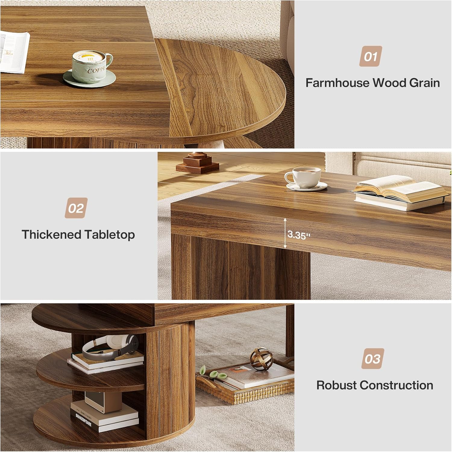 51" Coffee Table, Rectangular Center Table with Storage Shelves Tribesigns