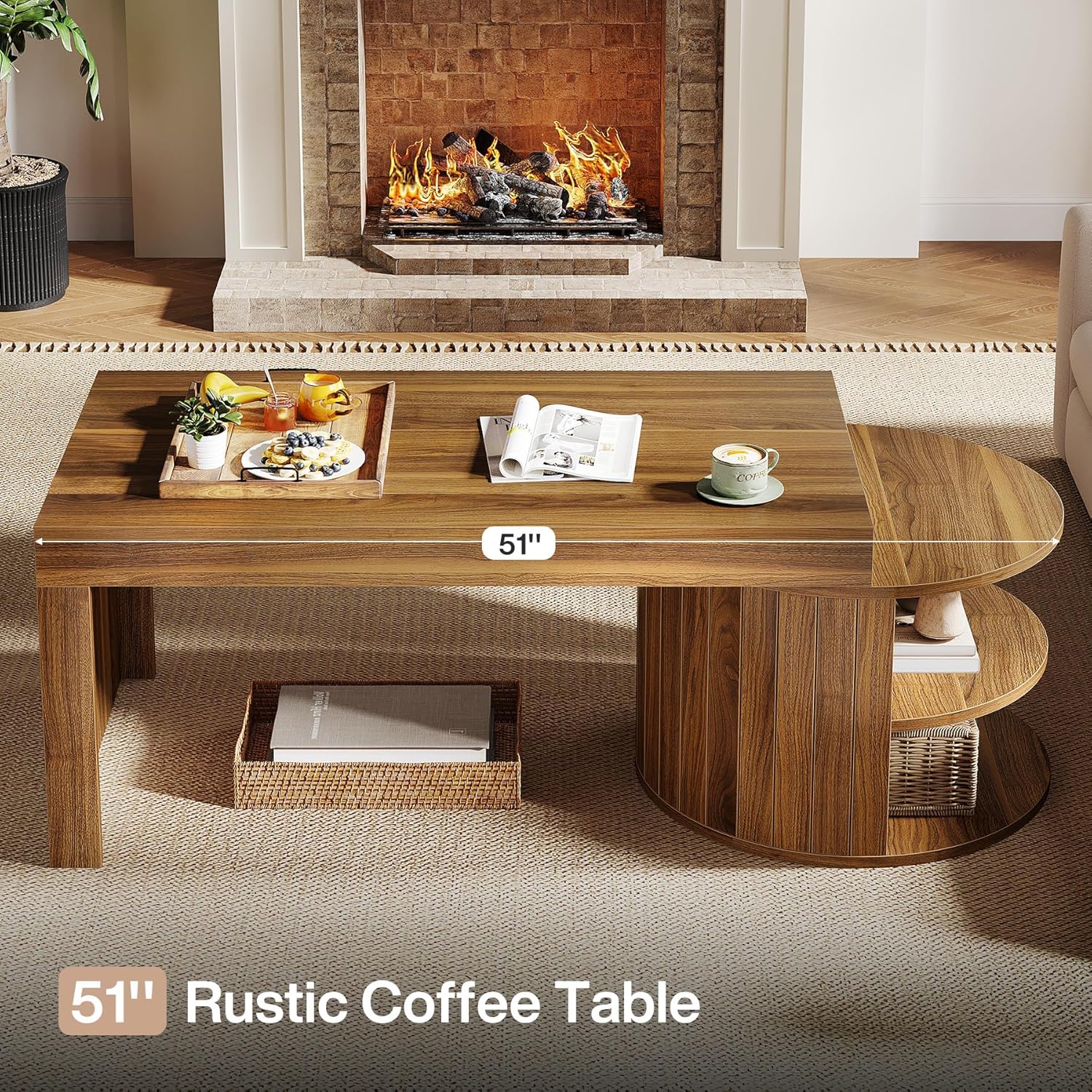 51" Coffee Table, Rectangular Center Table with Storage Shelves Tribesigns