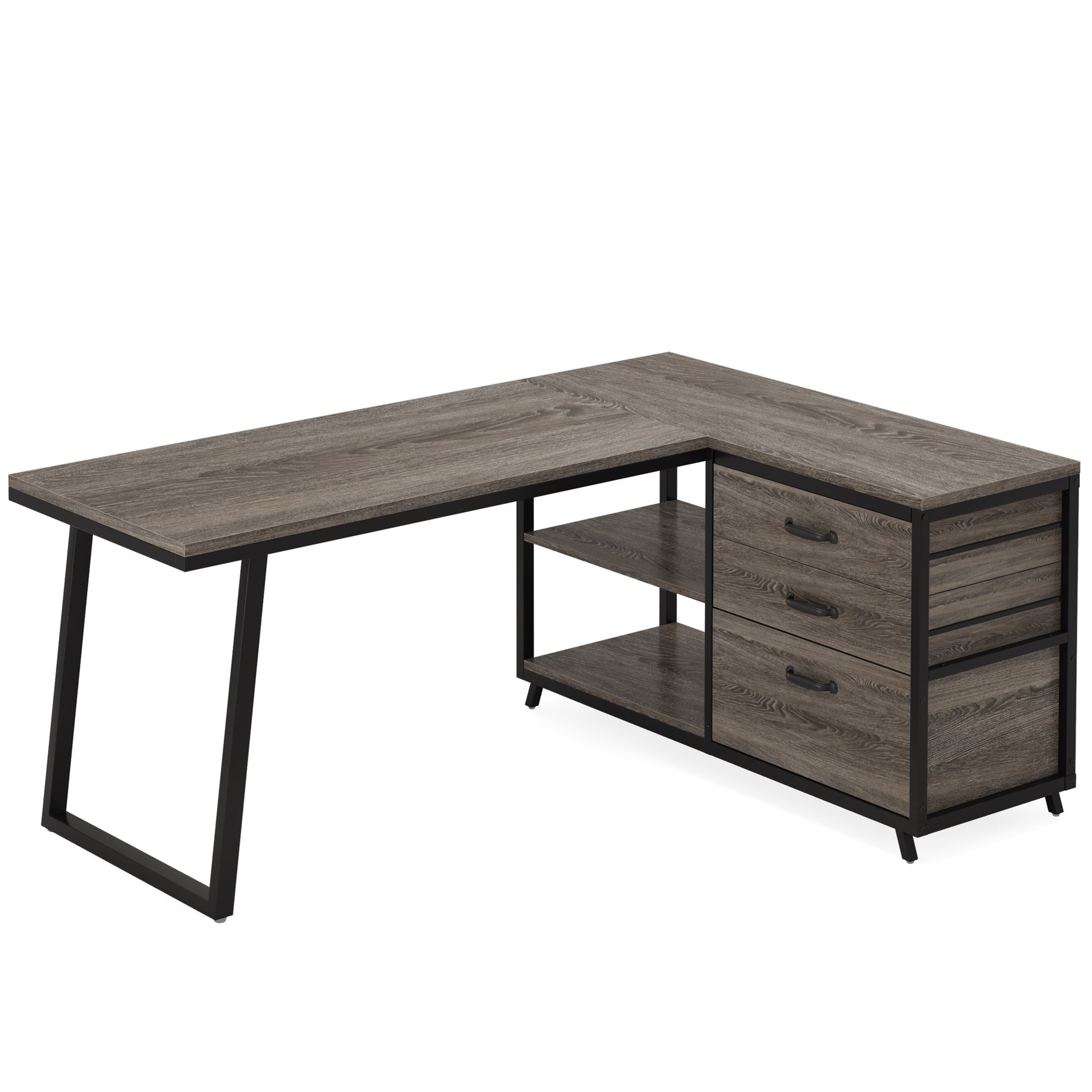 53" Reversible L - Shaped Computer Desk With 3 Drawers & Shelves Tribesigns