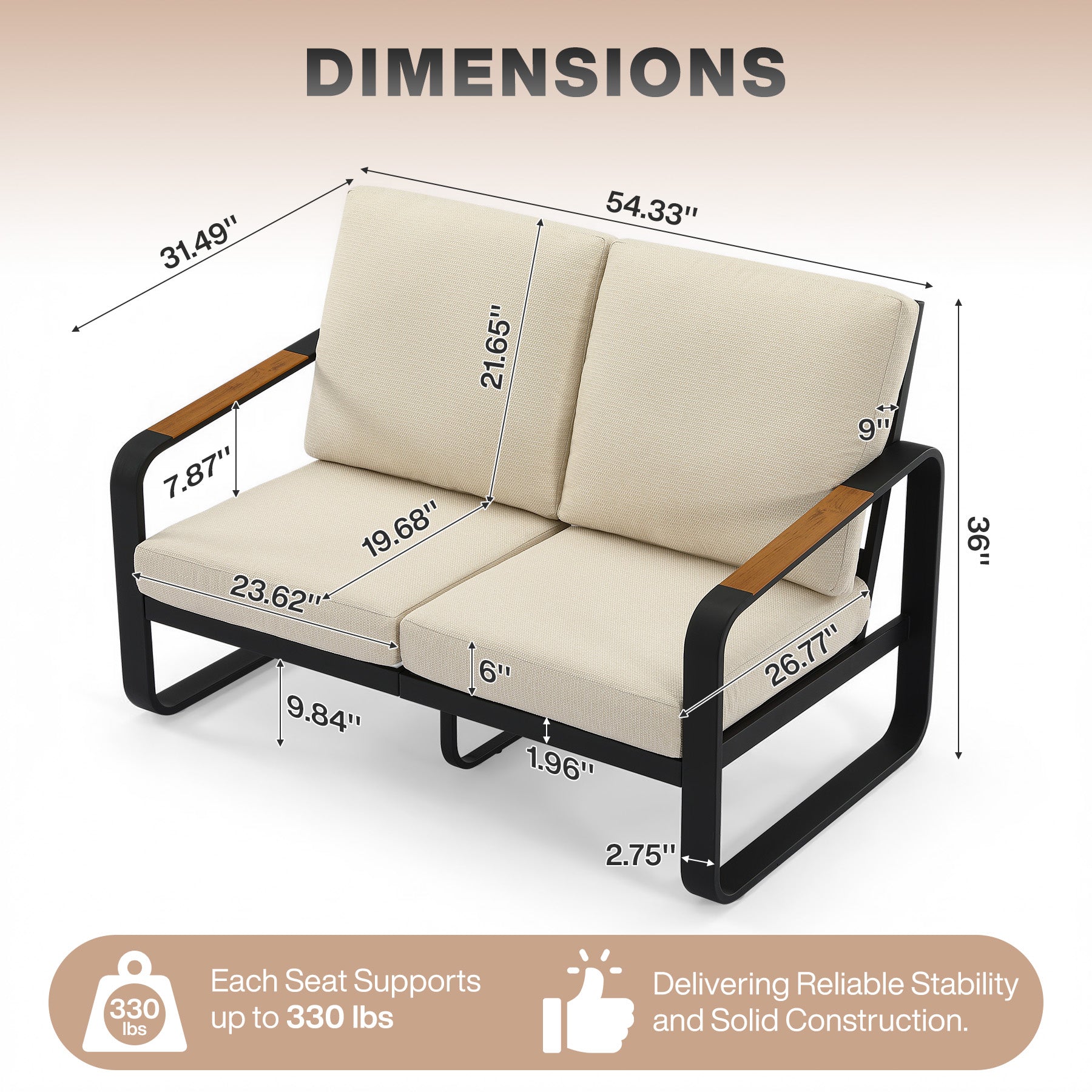 54.3" Wide Loveseat Sofa, Outdoor Patio Sofa With Removable Cushions
