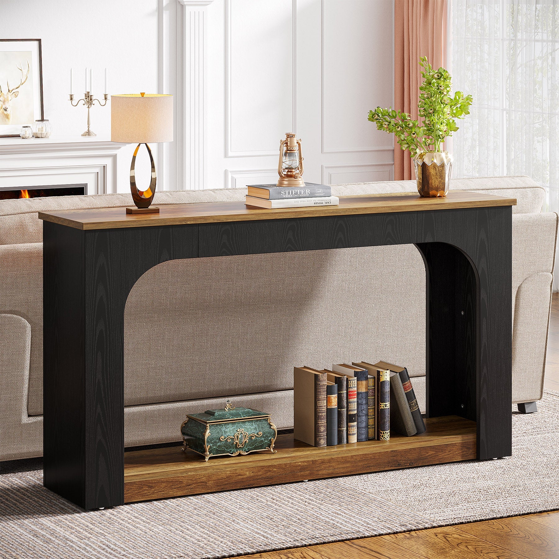 55" Console Table, Wood Farmhouse 2 - Tier Sofa Table with LED Lights Tribesigns