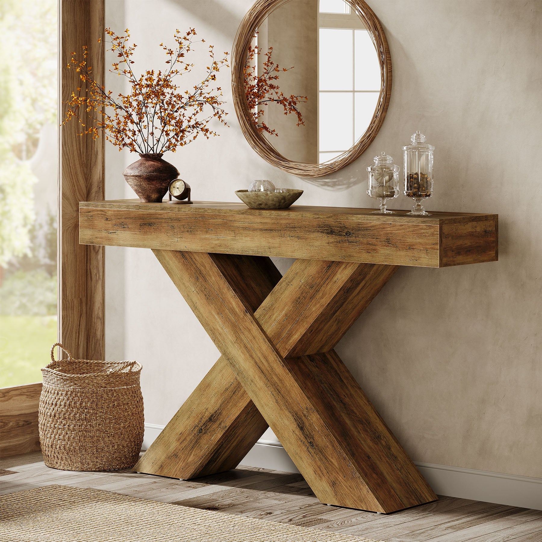 55" Console Table, Wooden Unique Design Sofa Foyer Table Tribesigns