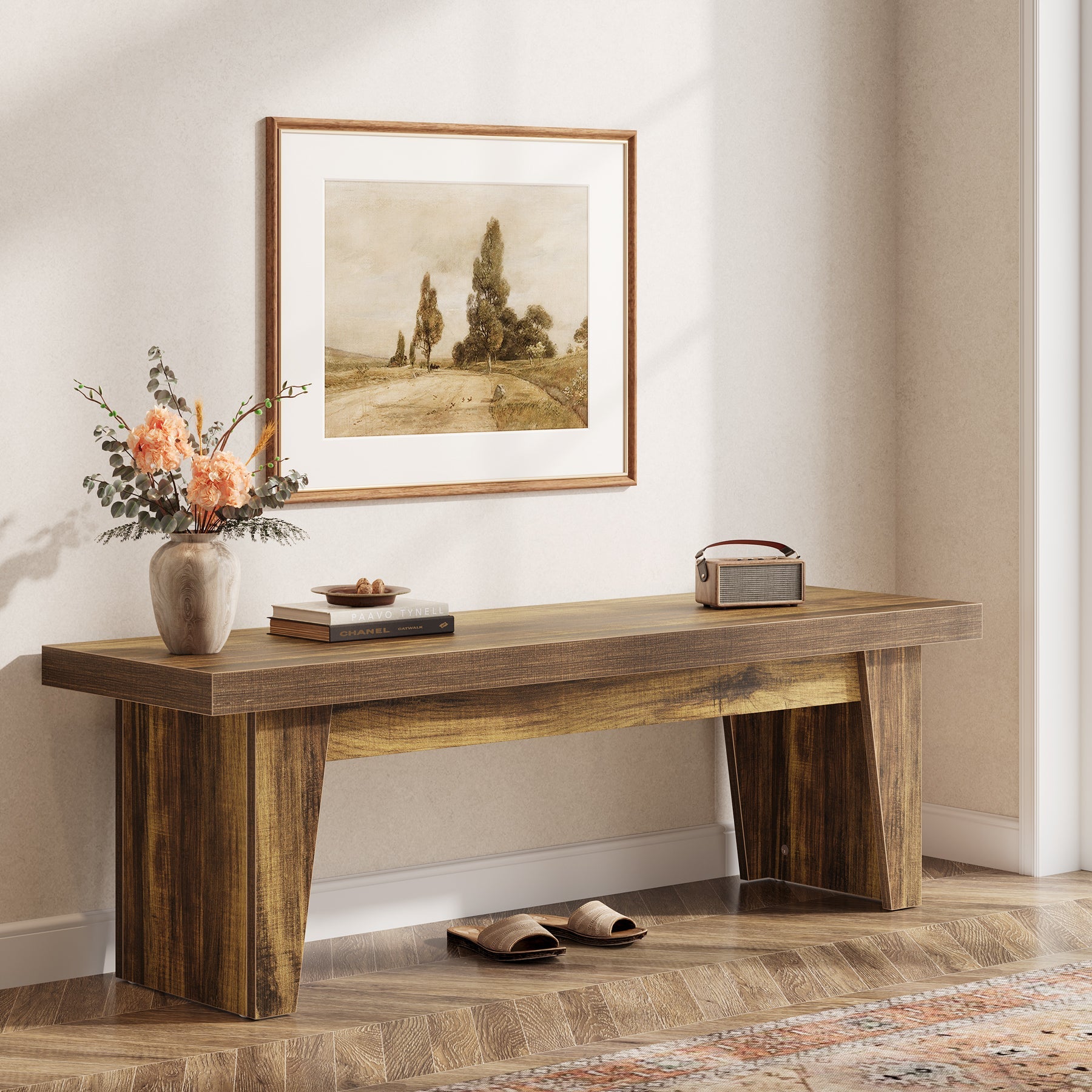 55" Entryway Bench, Farmhouse Shoe Bench Indoor End of Bed Stool Tribesigns