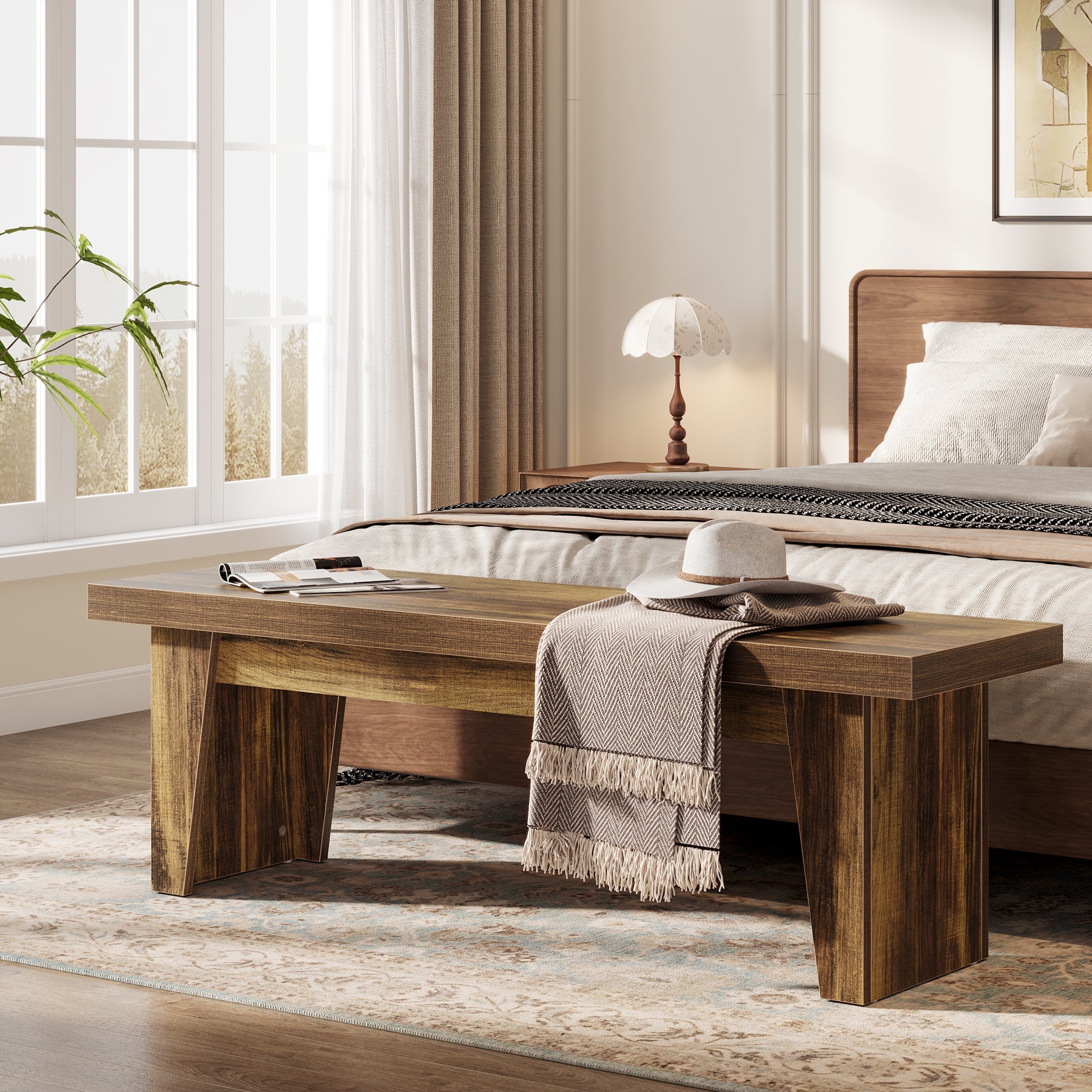 55" Entryway Bench, Farmhouse Shoe Bench Indoor End of Bed Stool Tribesigns