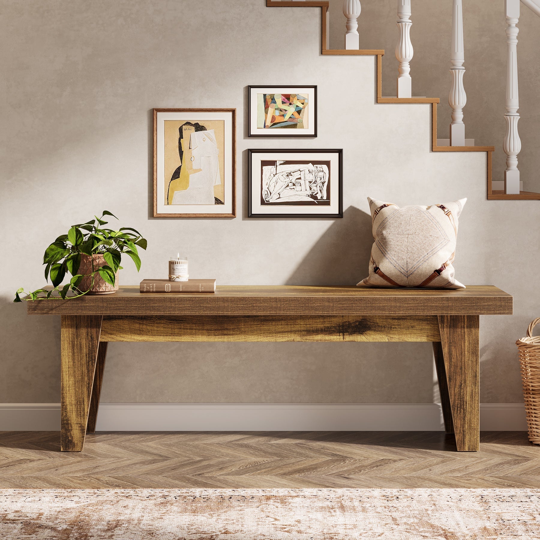 55" Entryway Bench, Farmhouse Shoe Bench Indoor End of Bed Stool Tribesigns