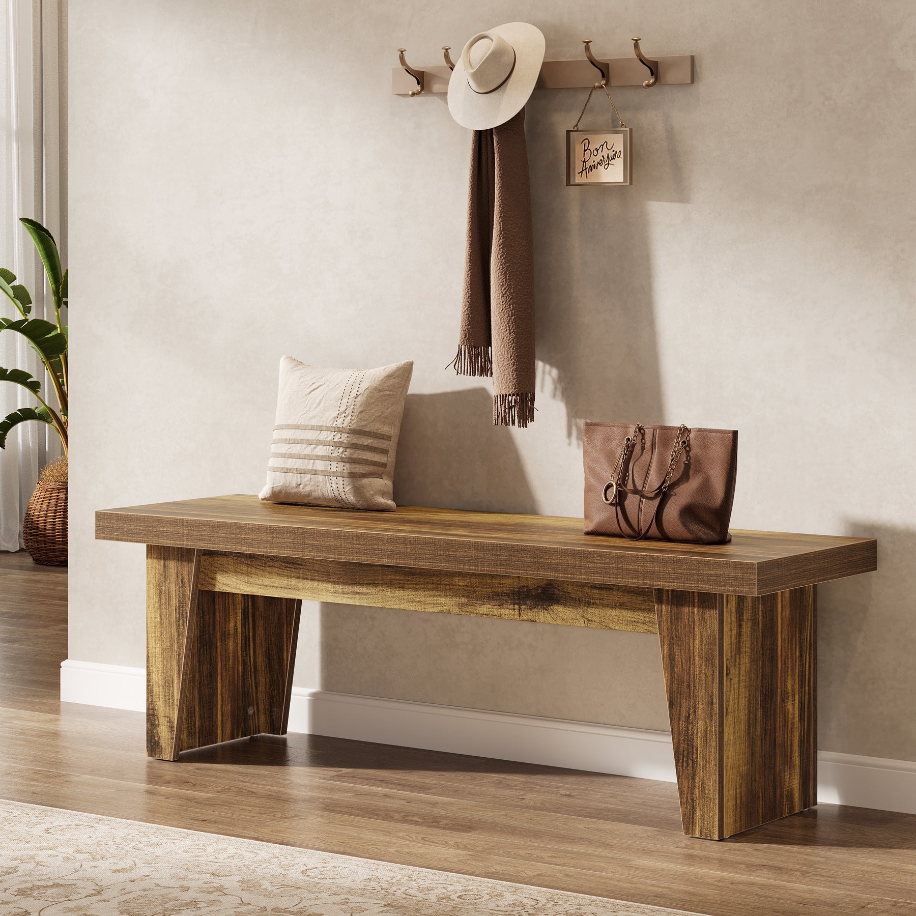 55" Entryway Bench, Farmhouse Shoe Bench Indoor End of Bed Stool Tribesigns