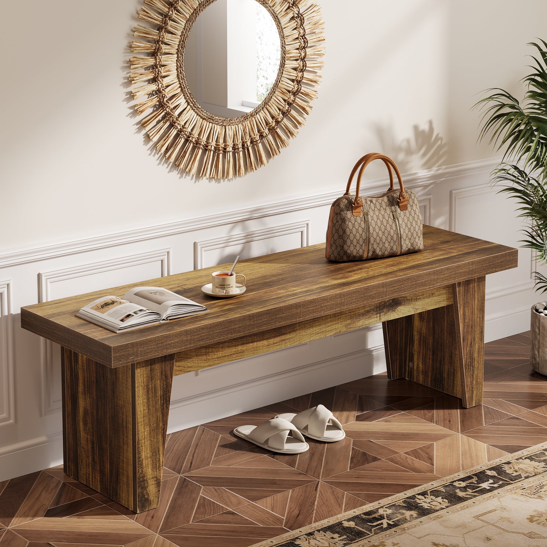 55" Entryway Bench, Farmhouse Shoe Bench Indoor End of Bed Stool Tribesigns
