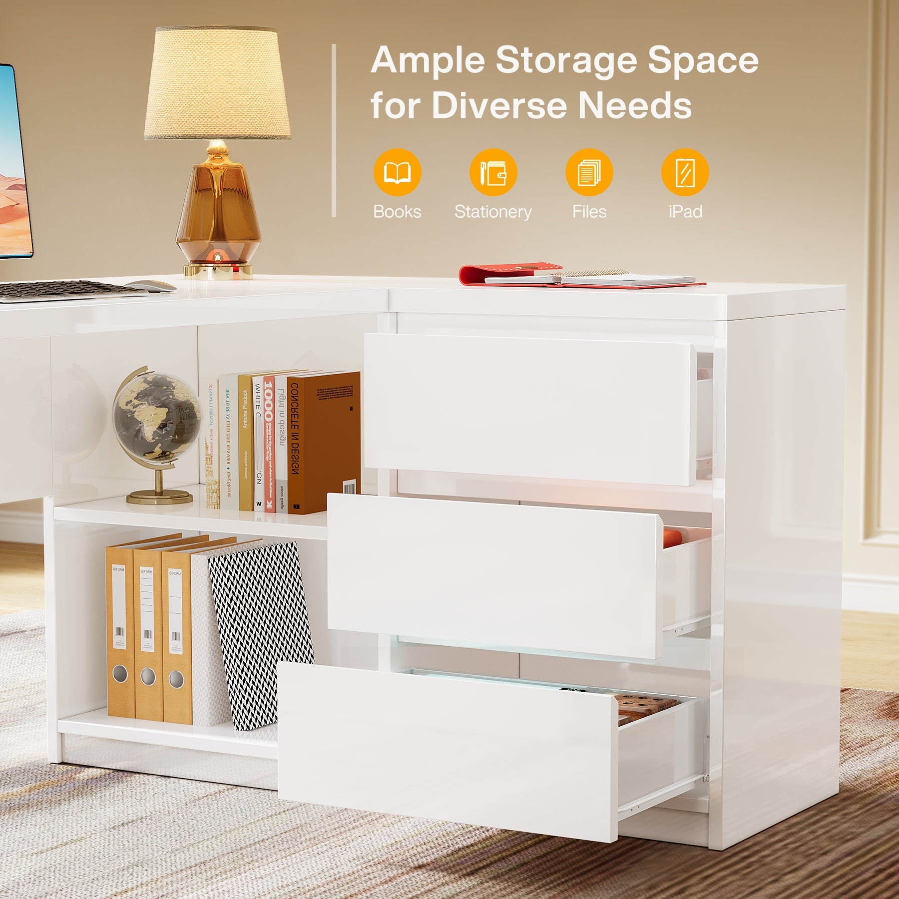 55" Executive Desk, L - Shaped Computer Desk Corner Desk with 3 Drawers Tribesigns