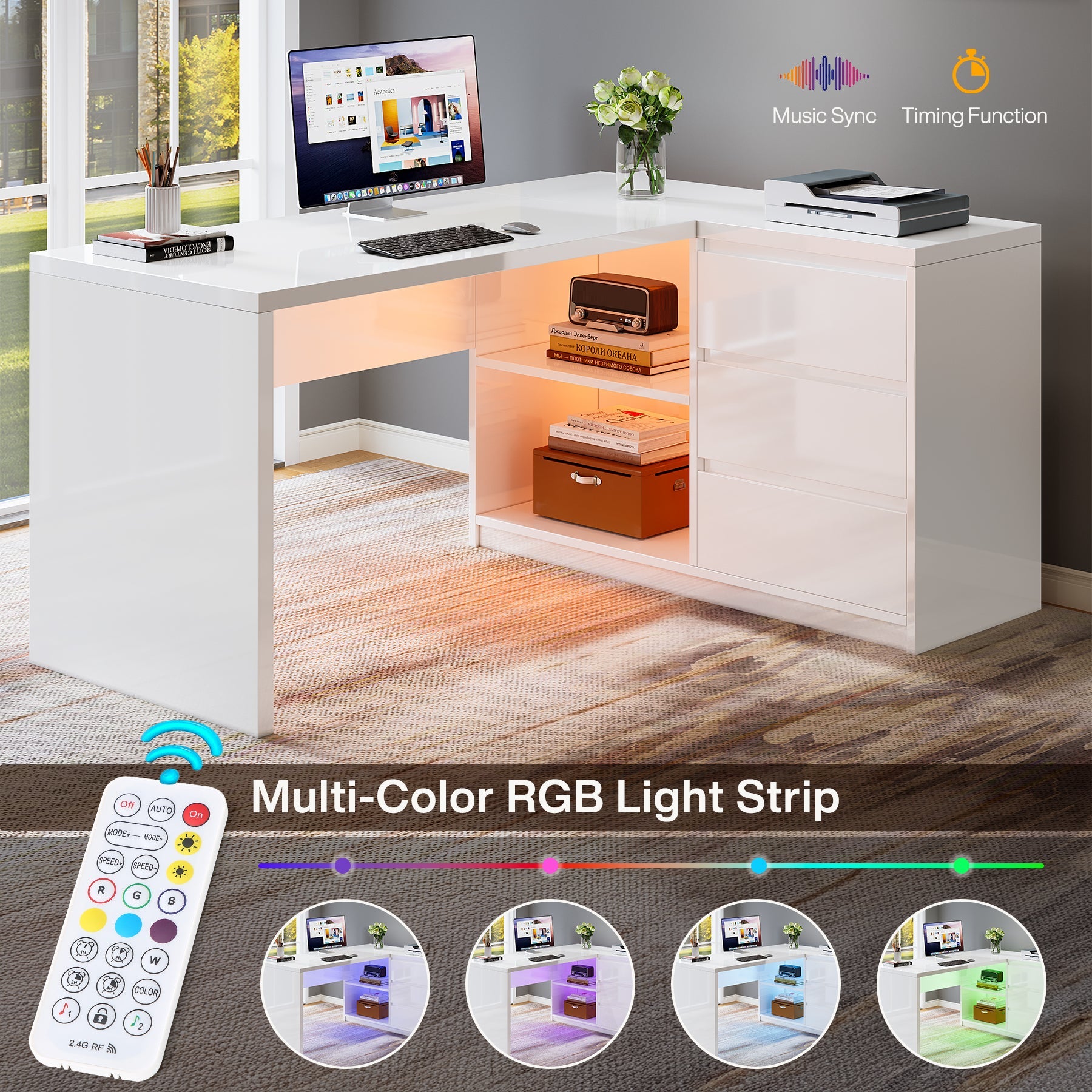 55" Executive Desk, L - Shaped Computer Desk Corner Desk with 3 Drawers Tribesigns