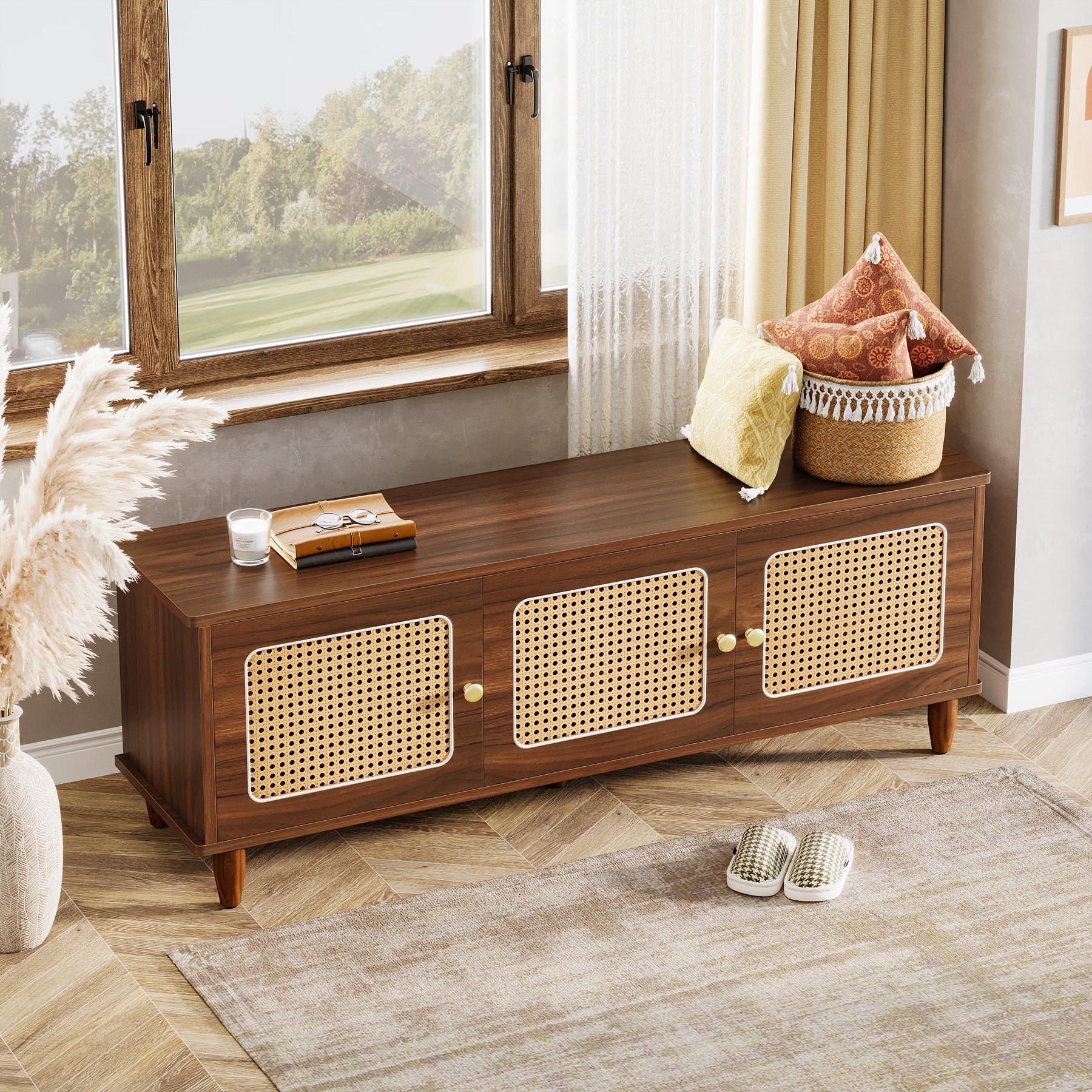 Window scene picture of Tribesigns's
55" Storage Bench, 2 - Tier Shoe Bench with Lift Top Storage.