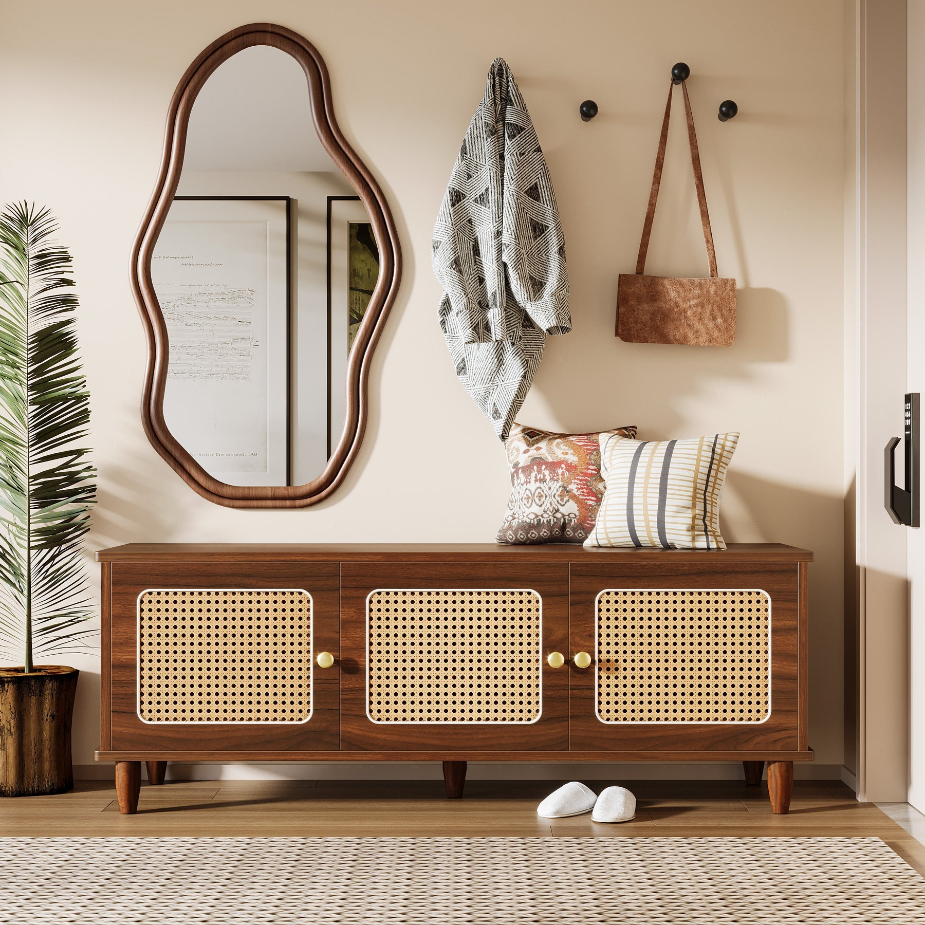 Hallway view of Tribesigns's 55" Storage Bench, 2 - Tier Shoe Bench with Lift Top Storage.