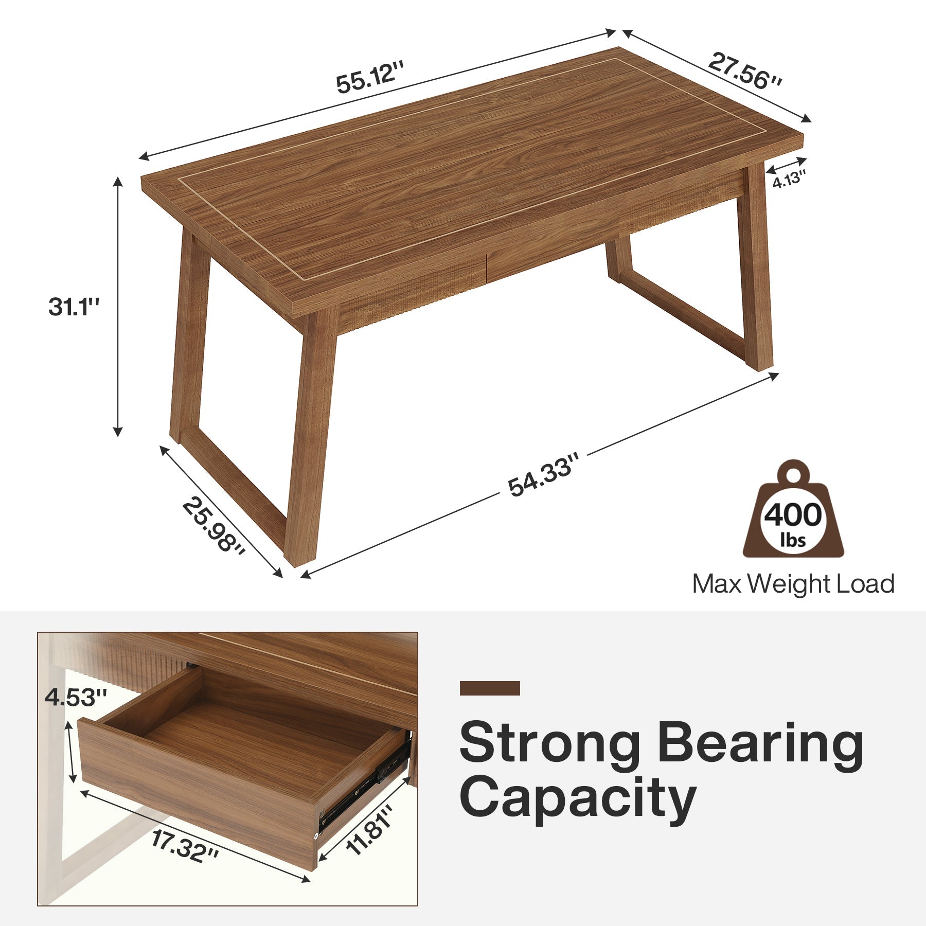 55" Wood Computer Desk, Mid - Century Modern Study Writing Table with Drawer Tribesigns