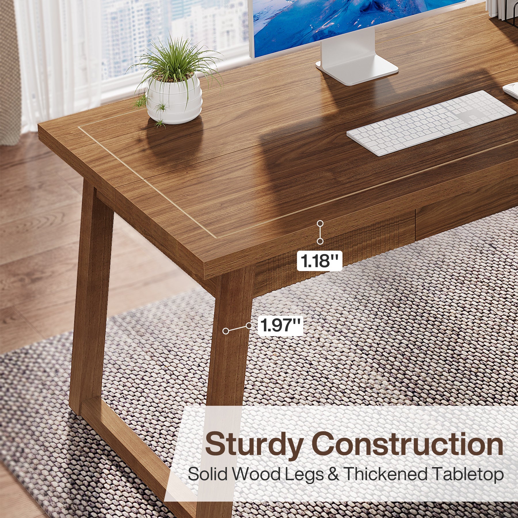 55" Wood Computer Desk, Mid - Century Modern Study Writing Table with Drawer Tribesigns