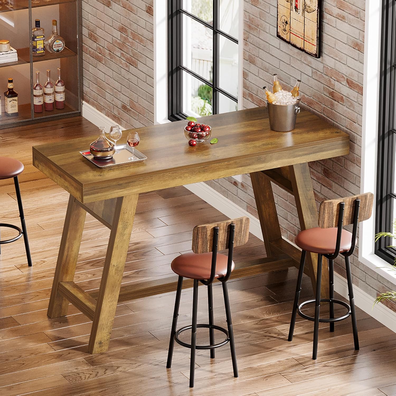 55.1" Bar Table, Vintage Counter Height Pub Table Home Bar Unit