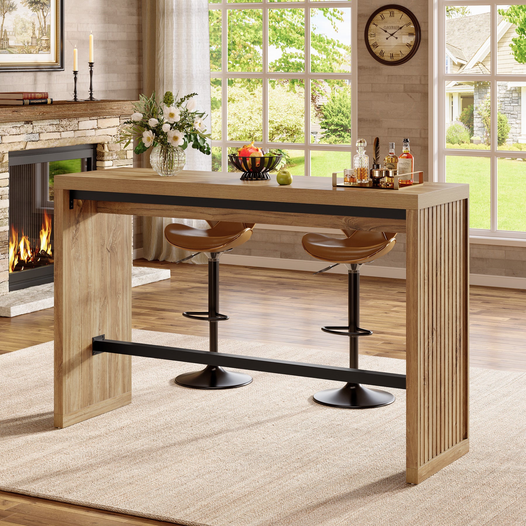 55" Bar Table, Rectangular Counter Height Pub Table with Metal Footrest