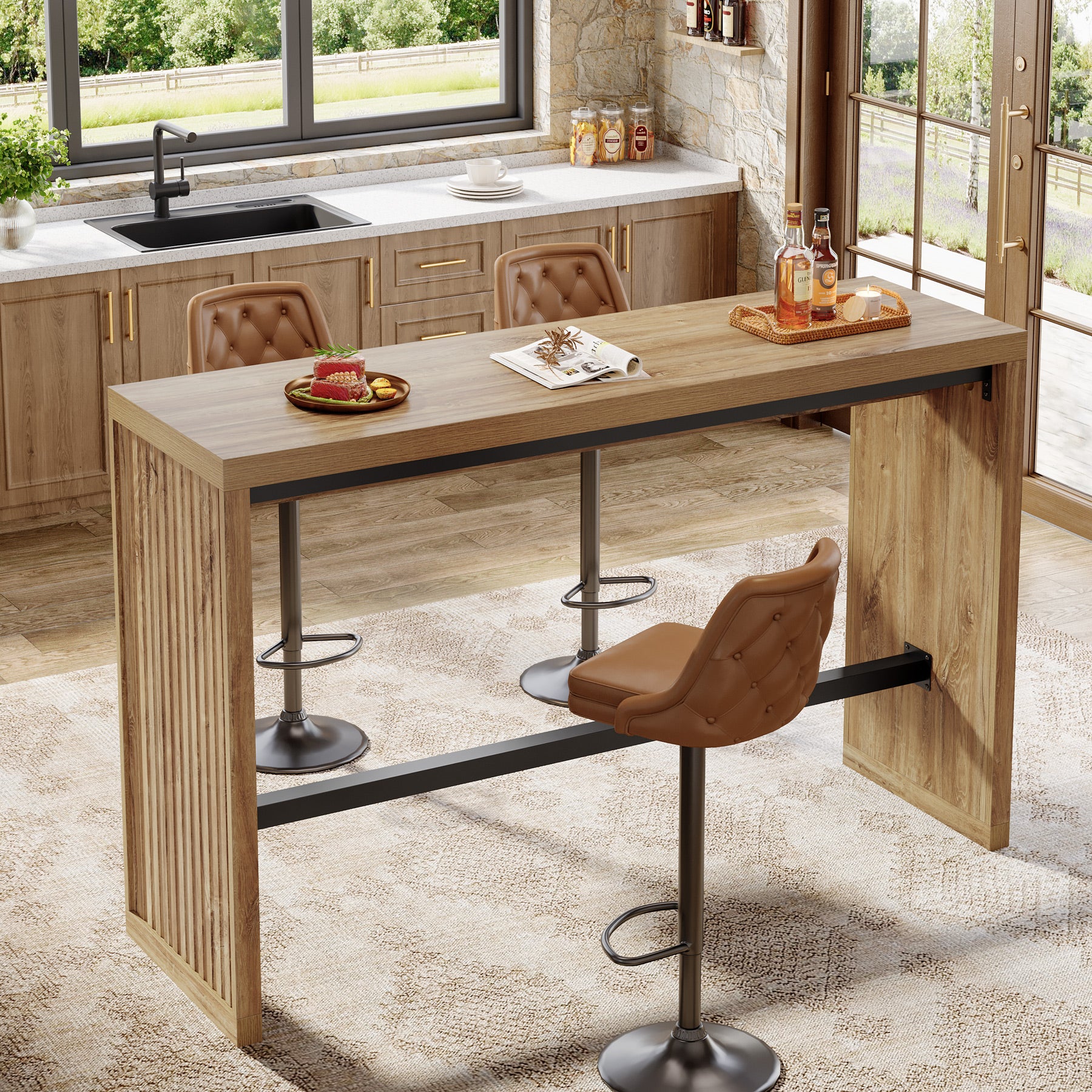 55" Bar Table, Rectangular Counter Height Pub Table with Metal Footrest