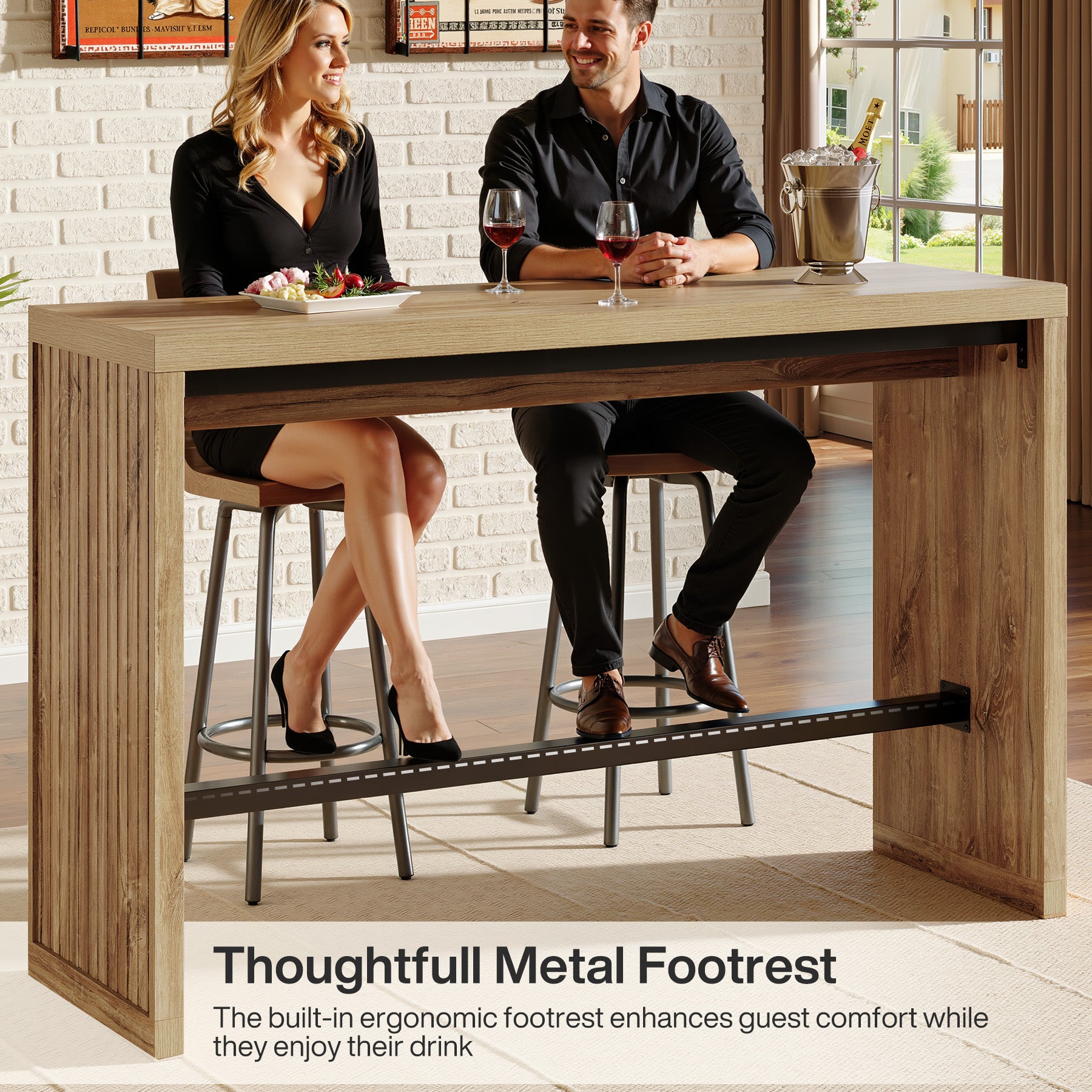 55" Bar Table, Rectangular Counter Height Pub Table with Metal Footrest