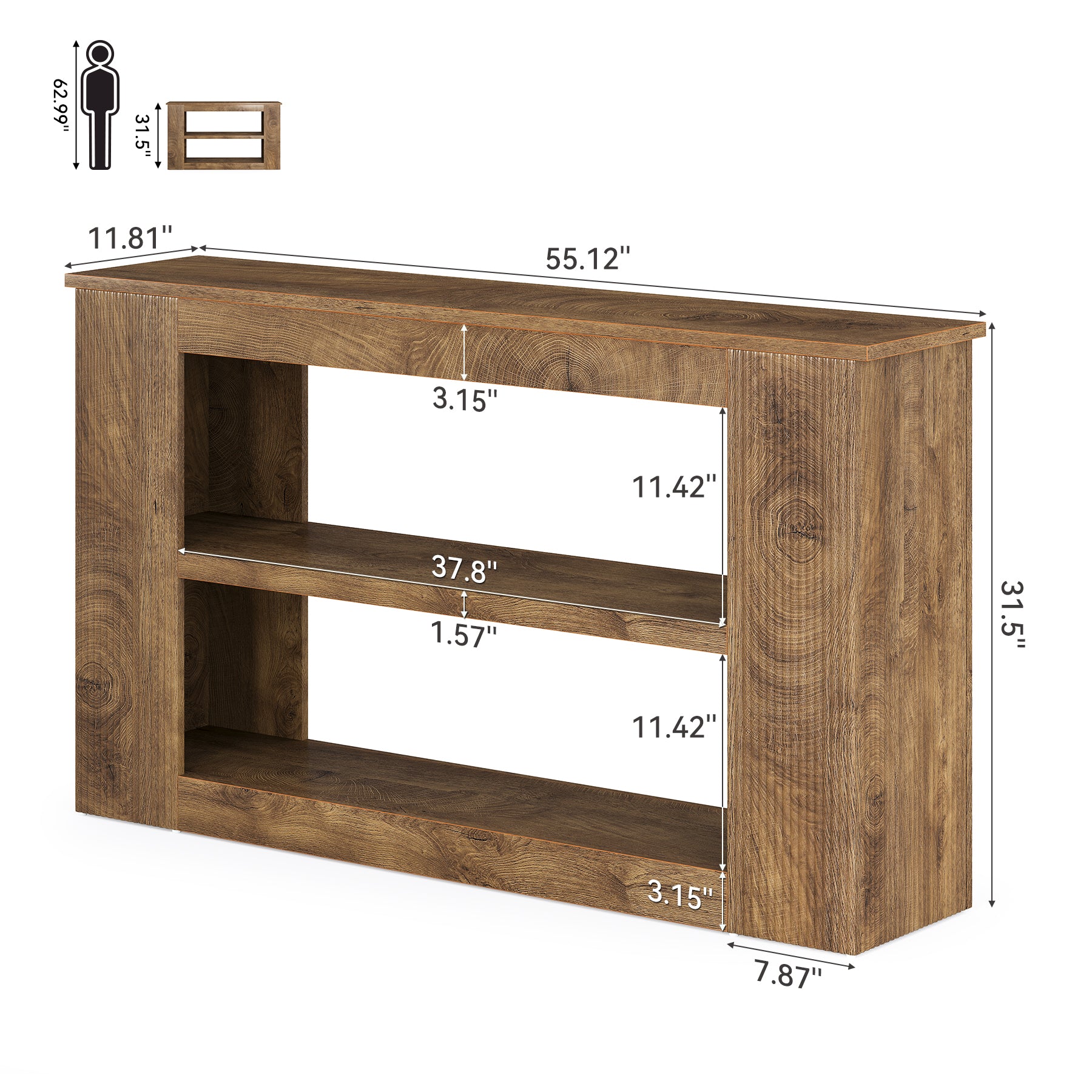 55" Console Table, 3-Tier Sofa Table Behind Couch Entryway Table with Storage