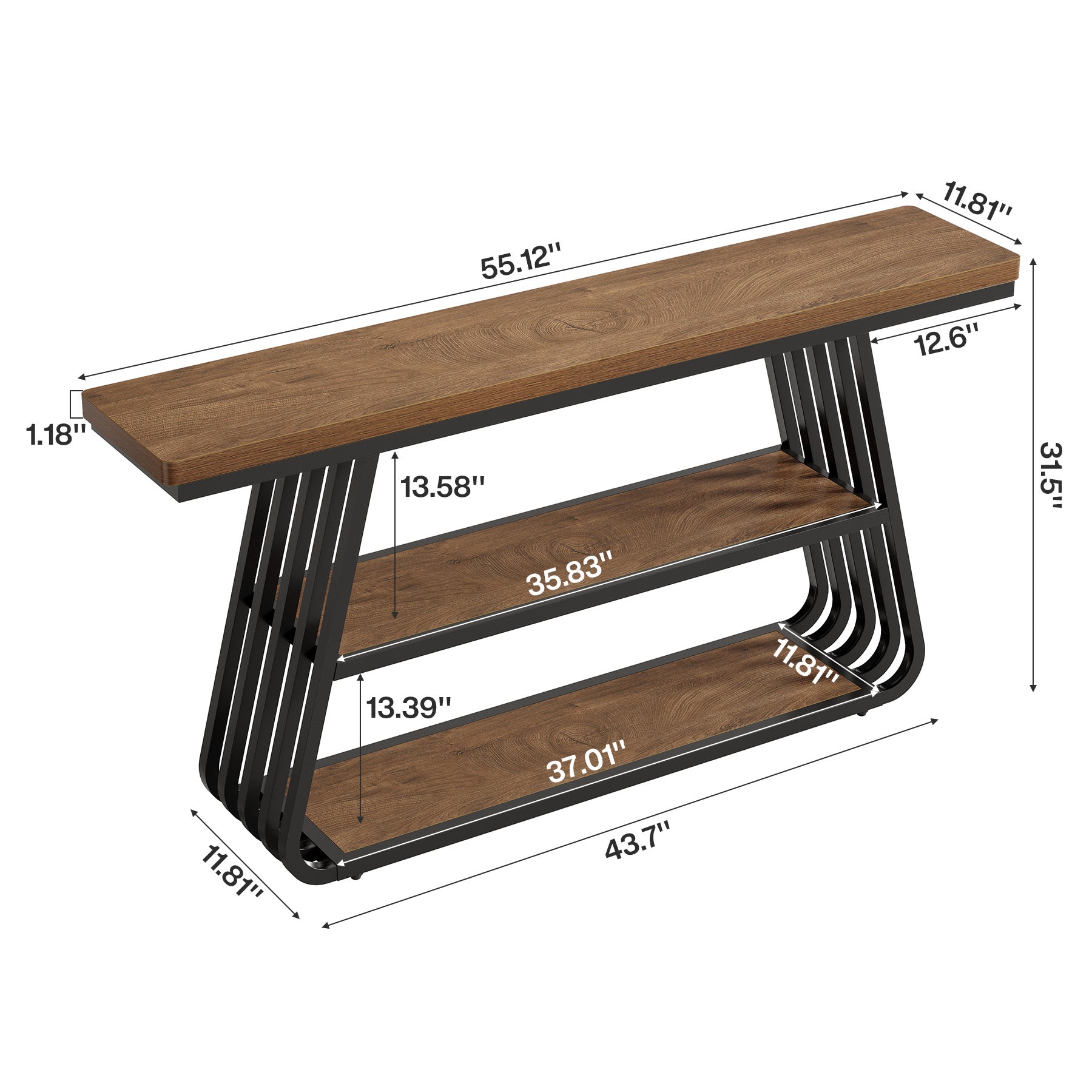 55" Console Table, 3-Tier Sofa Table With Iron Frame For Living Room