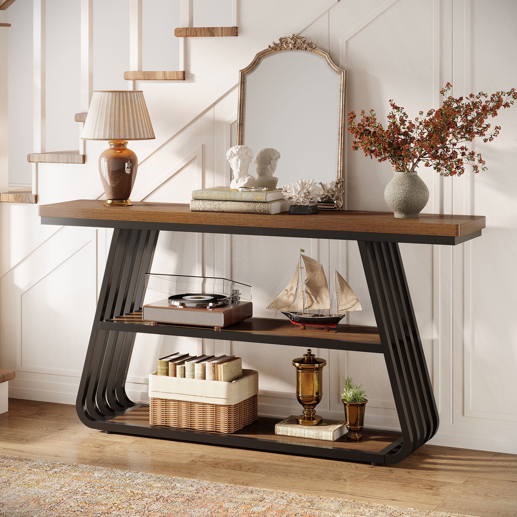 55" Console Table, 3-Tier Sofa Table With Iron Frame For Living Room