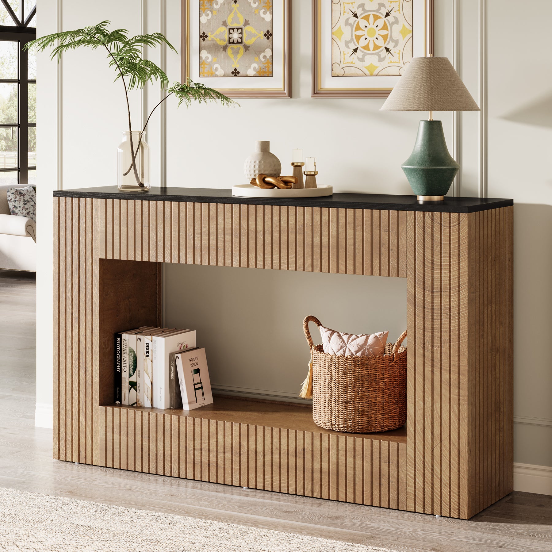 55" Console Table, Wood Entryway Table Sofa Table with Storage