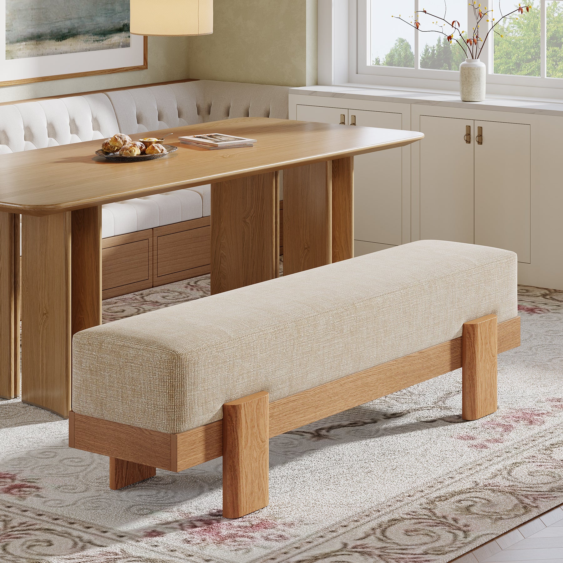 55" Dining Bench, Modern Upholstered Kitchen Benches with Fabric Padded Seat