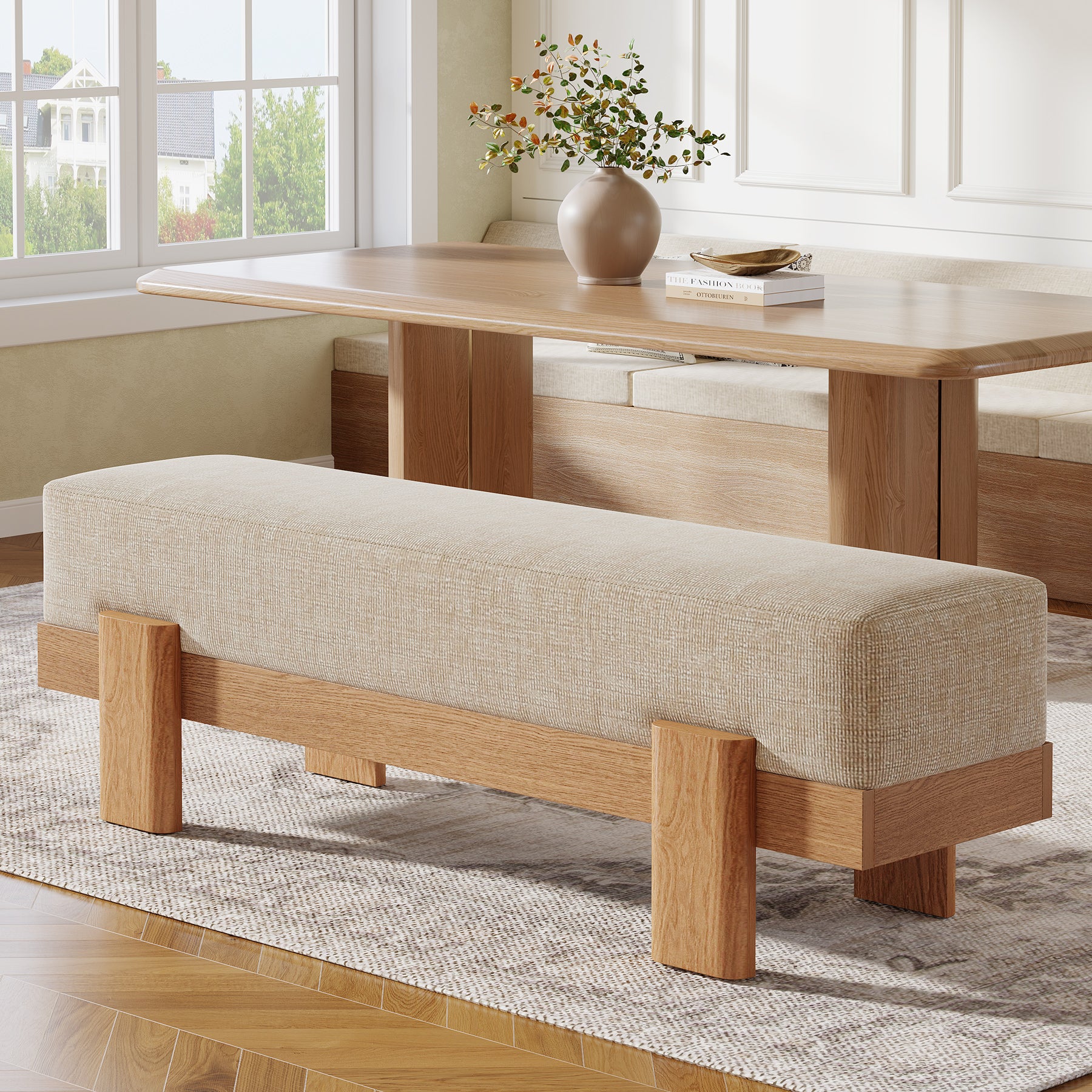 55" Dining Bench, Modern Upholstered Kitchen Benches with Fabric Padded Seat