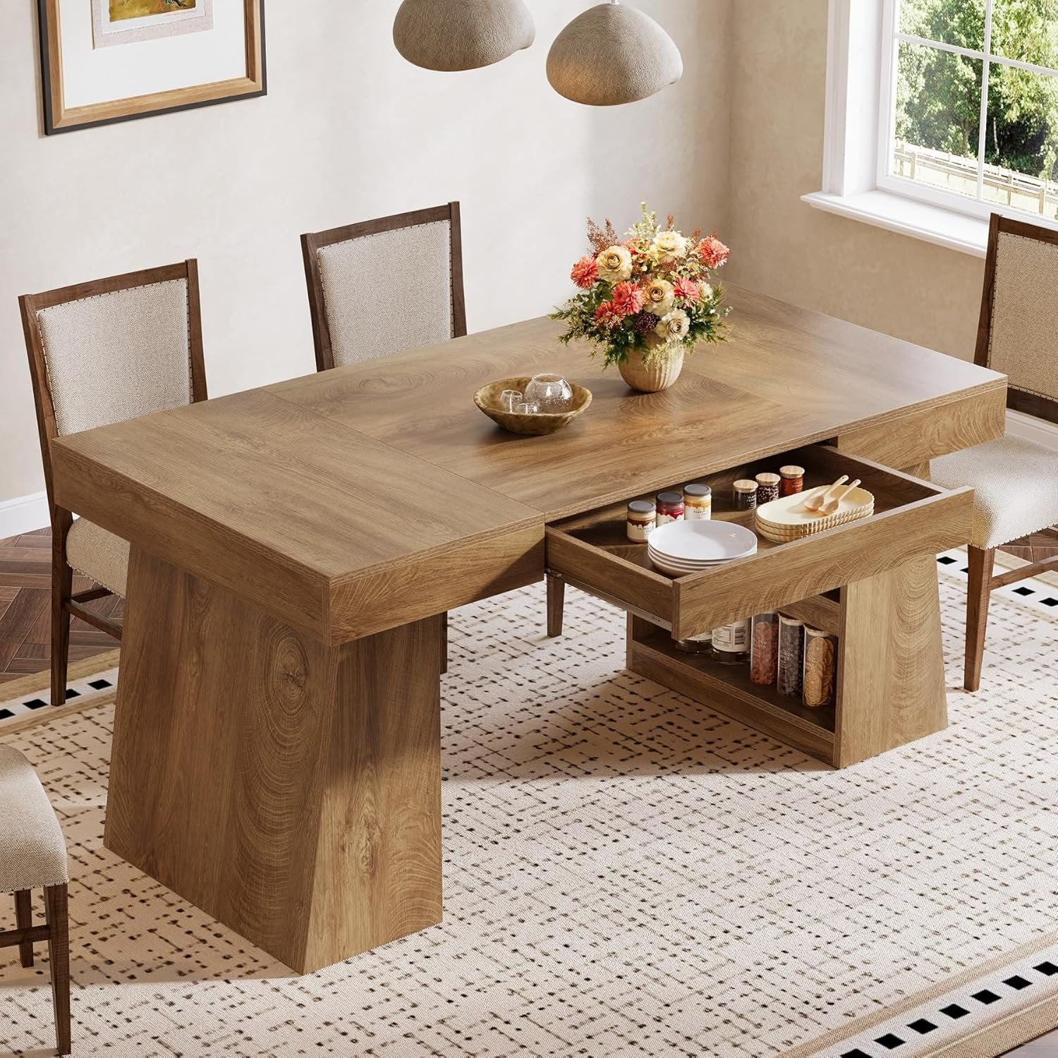 55" Dining Table, Wooden Kitchen Dinner Table with Storage Drawer for 4-6 People