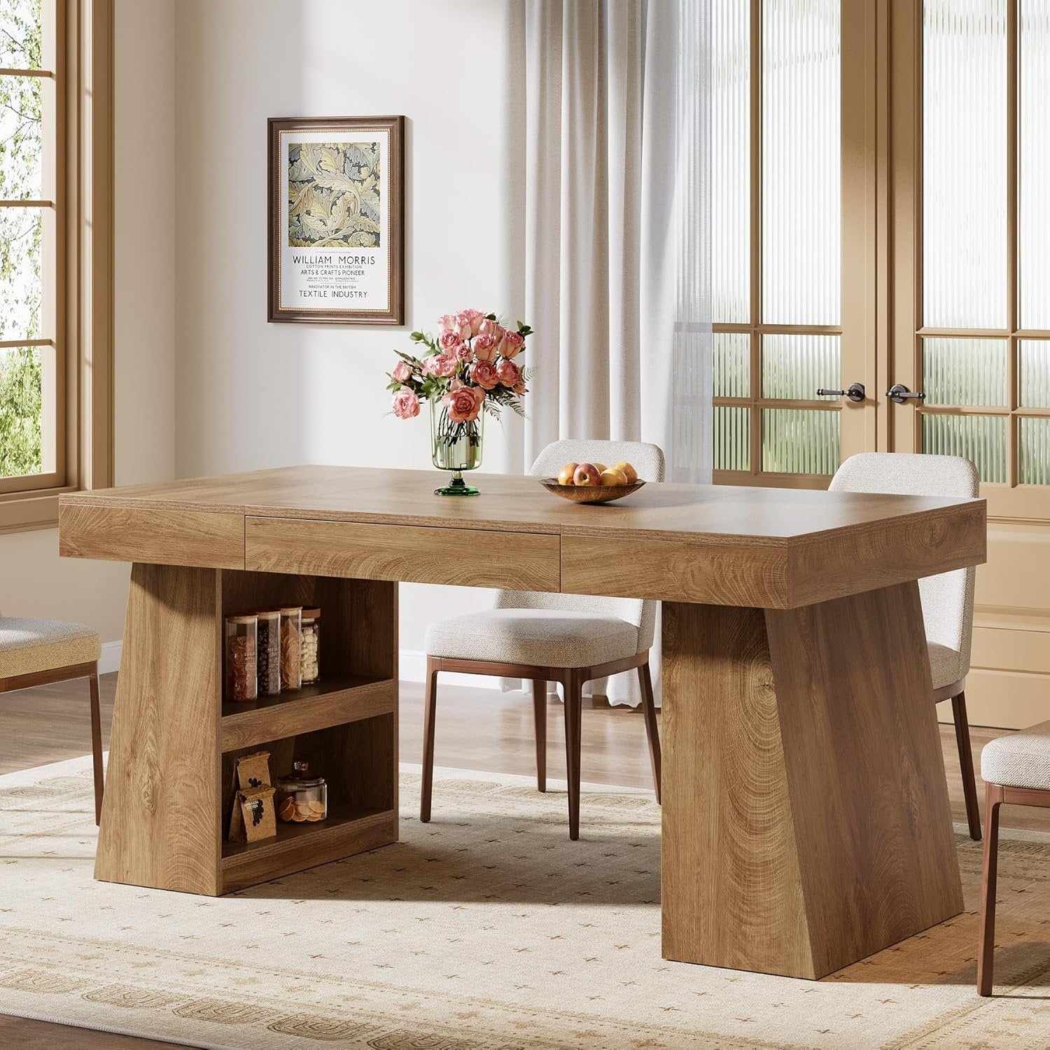 55" Dining Table, Wooden Kitchen Dinner Table with Storage Drawer for 4-6 People