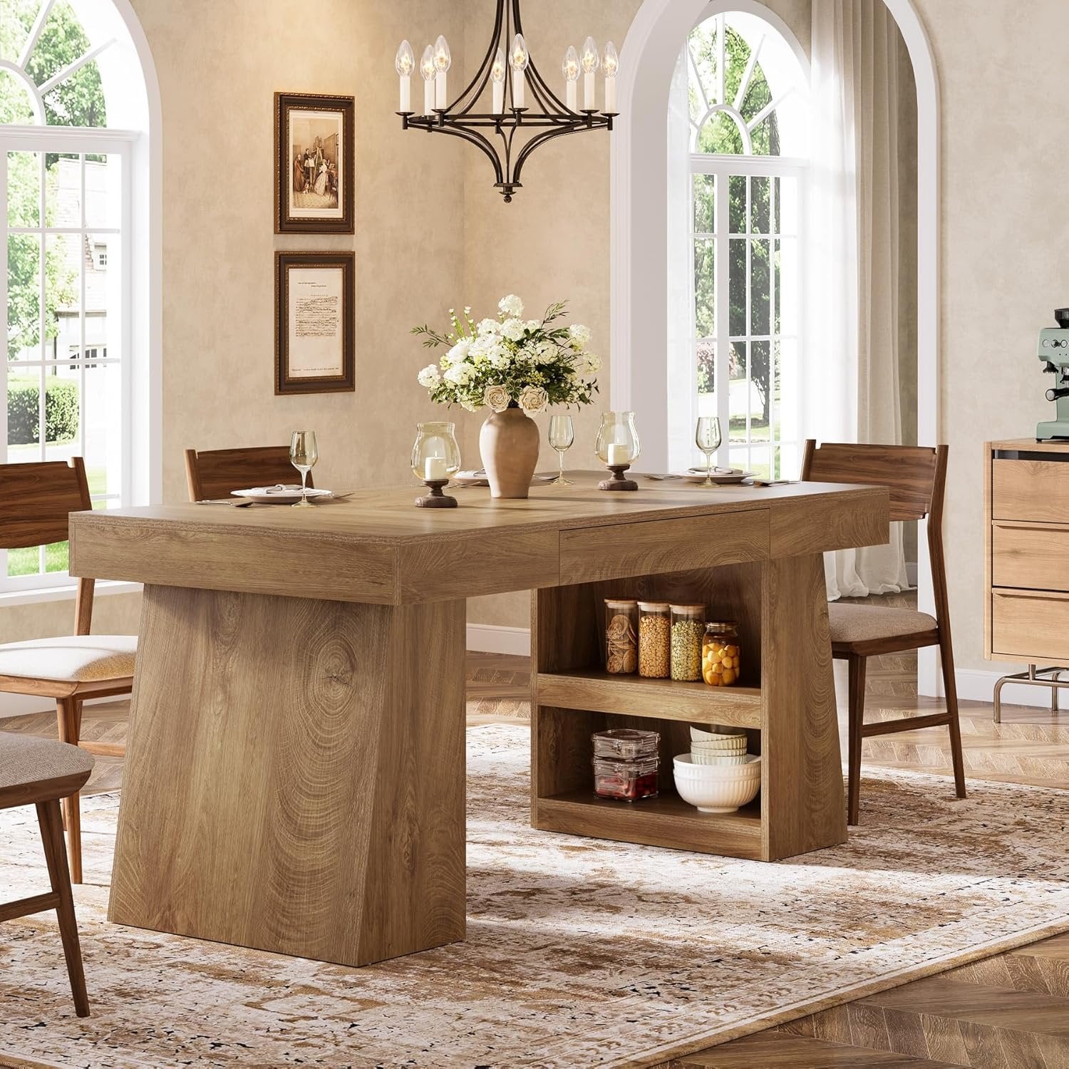 55" Dining Table, Wooden Kitchen Dinner Table with Storage Drawer for 4-6 People