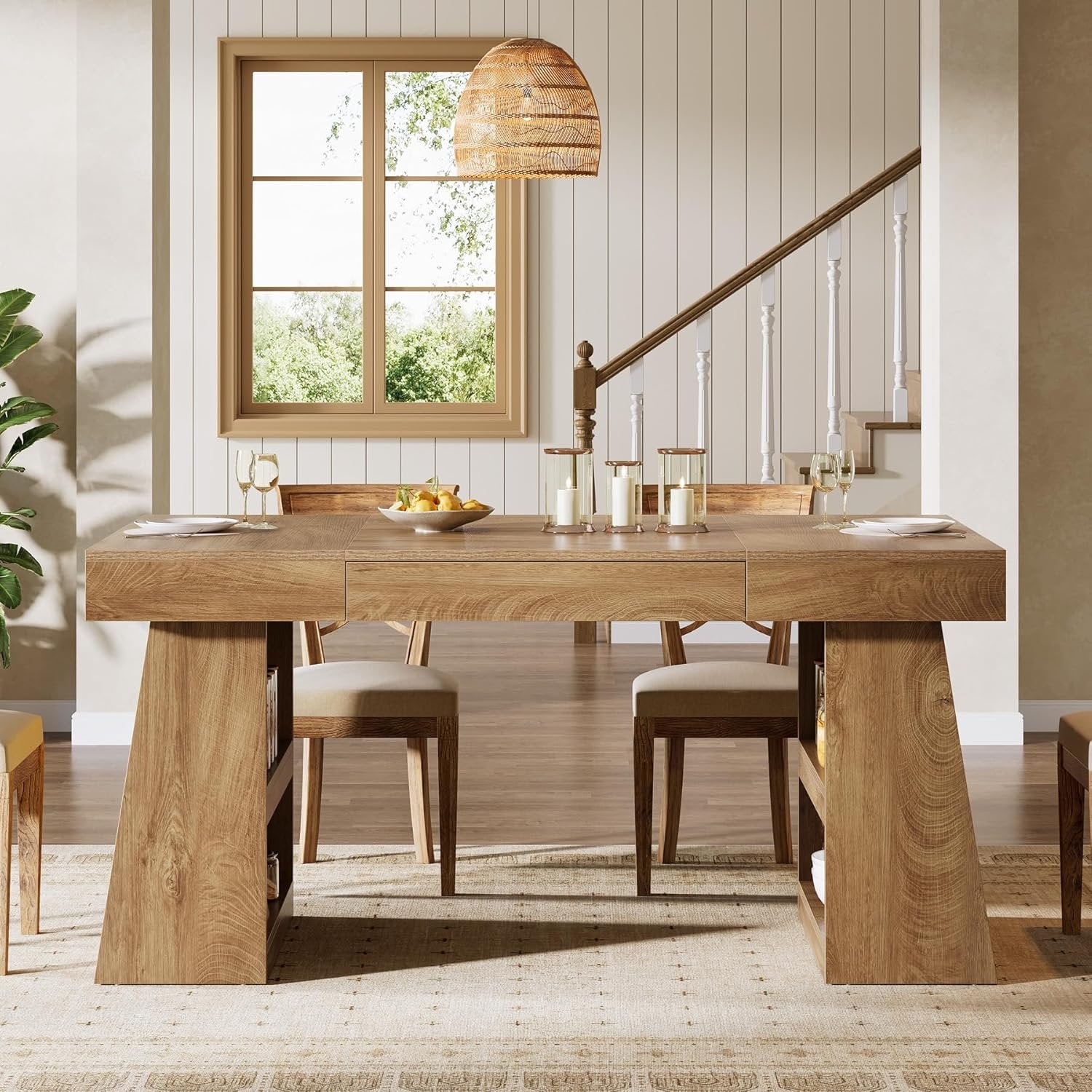 55" Dining Table, Wooden Kitchen Dinner Table with Storage Drawer for 4-6 People